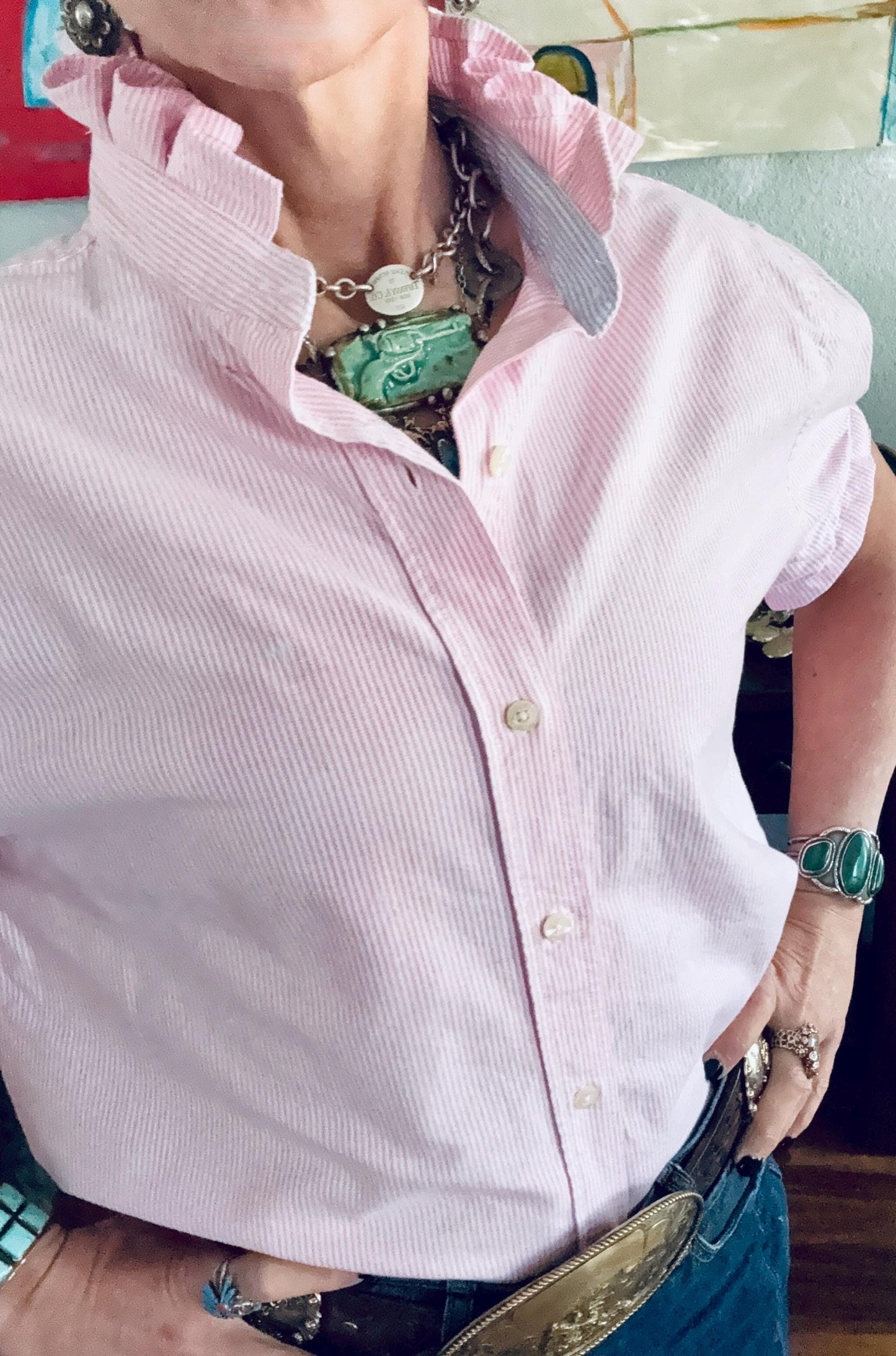 Reworked Oxford Shirt: Pink & White Striped Ruffle Collar Top Boxy Fit