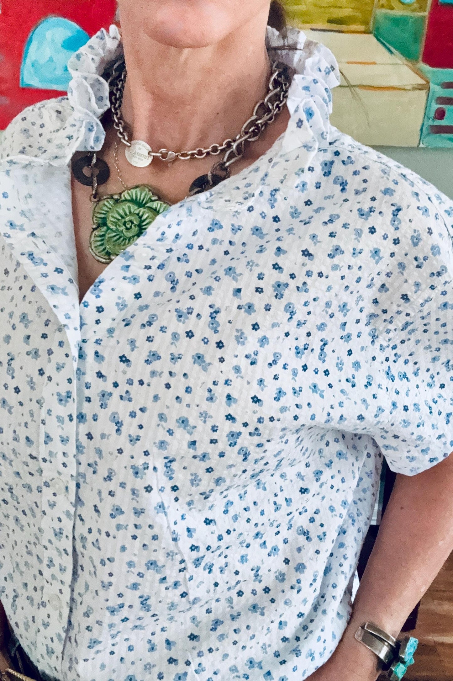 Reworked Seersucker Shirt: White Blue Tiny Flowers Ruffle Collar Top Boxy Fit