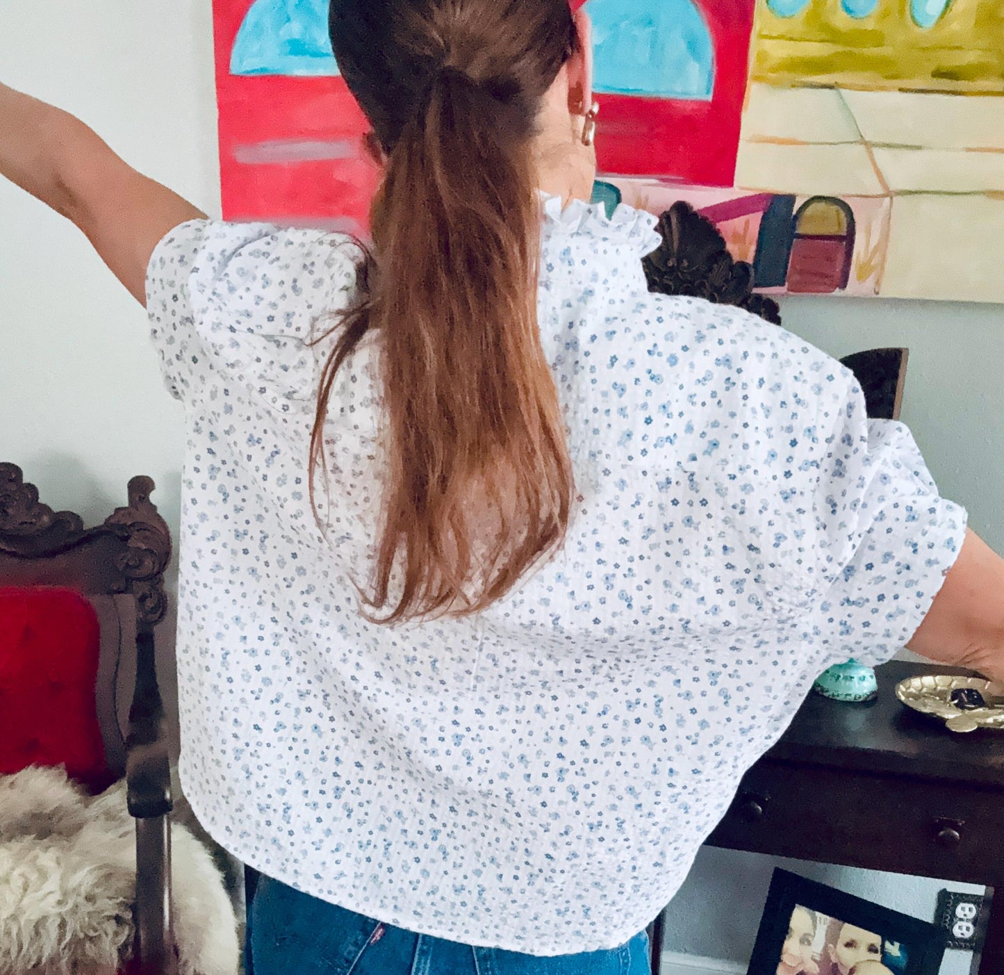Reworked Seersucker Shirt: White Blue Tiny Flowers Ruffle Collar Top Boxy Fit