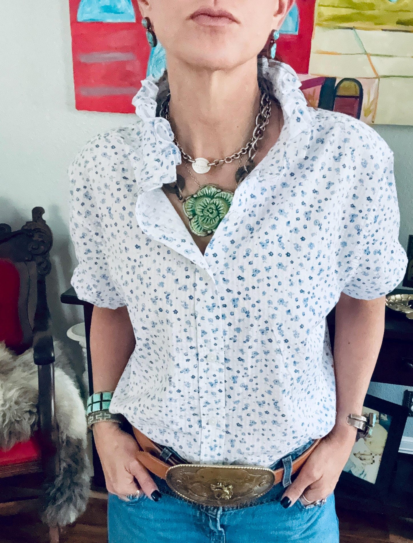Reworked Seersucker Shirt: White Blue Tiny Flowers Ruffle Collar Top Boxy Fit
