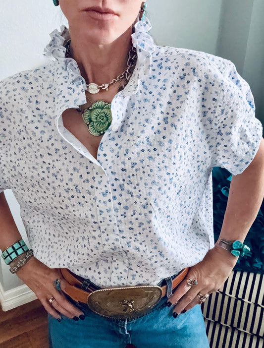 Reworked Seersucker Shirt: White Blue Tiny Flowers Ruffle Collar Top Boxy Fit