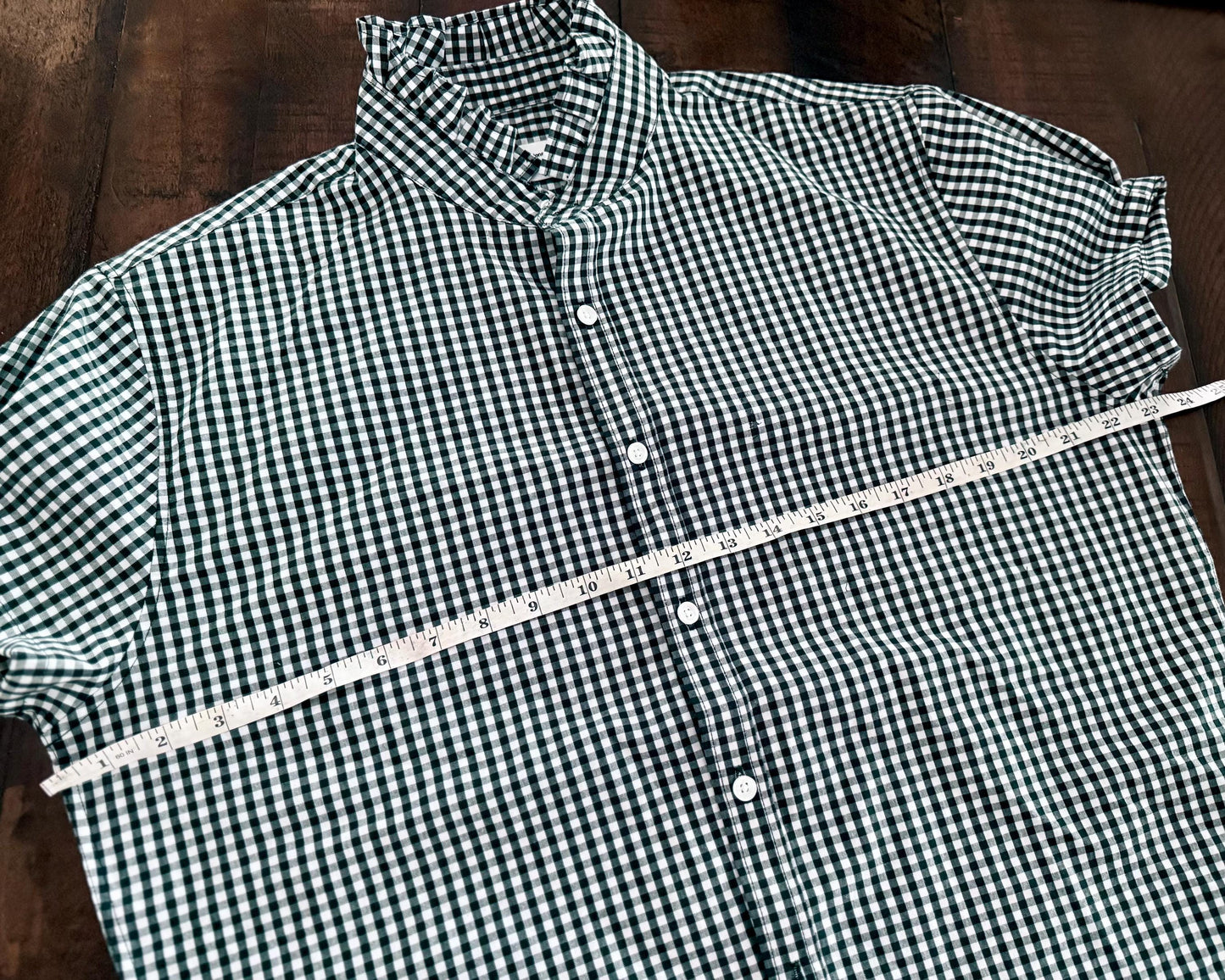 Hunter Green Reworked Boxy Fit Shirt:  Tiny Checks Ruffle Collar