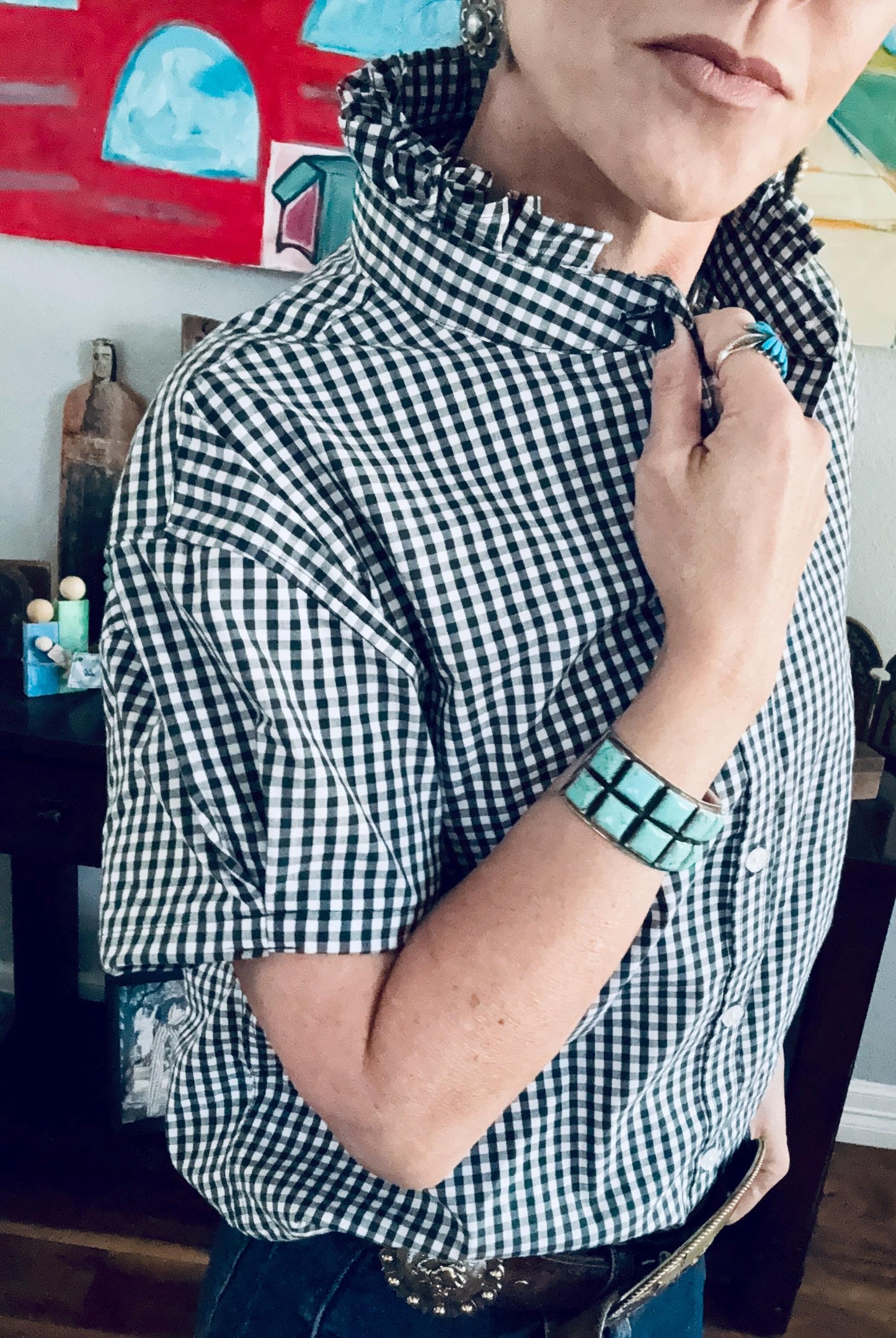 Hunter Green Reworked Boxy Fit Shirt:  Tiny Checks Ruffle Collar