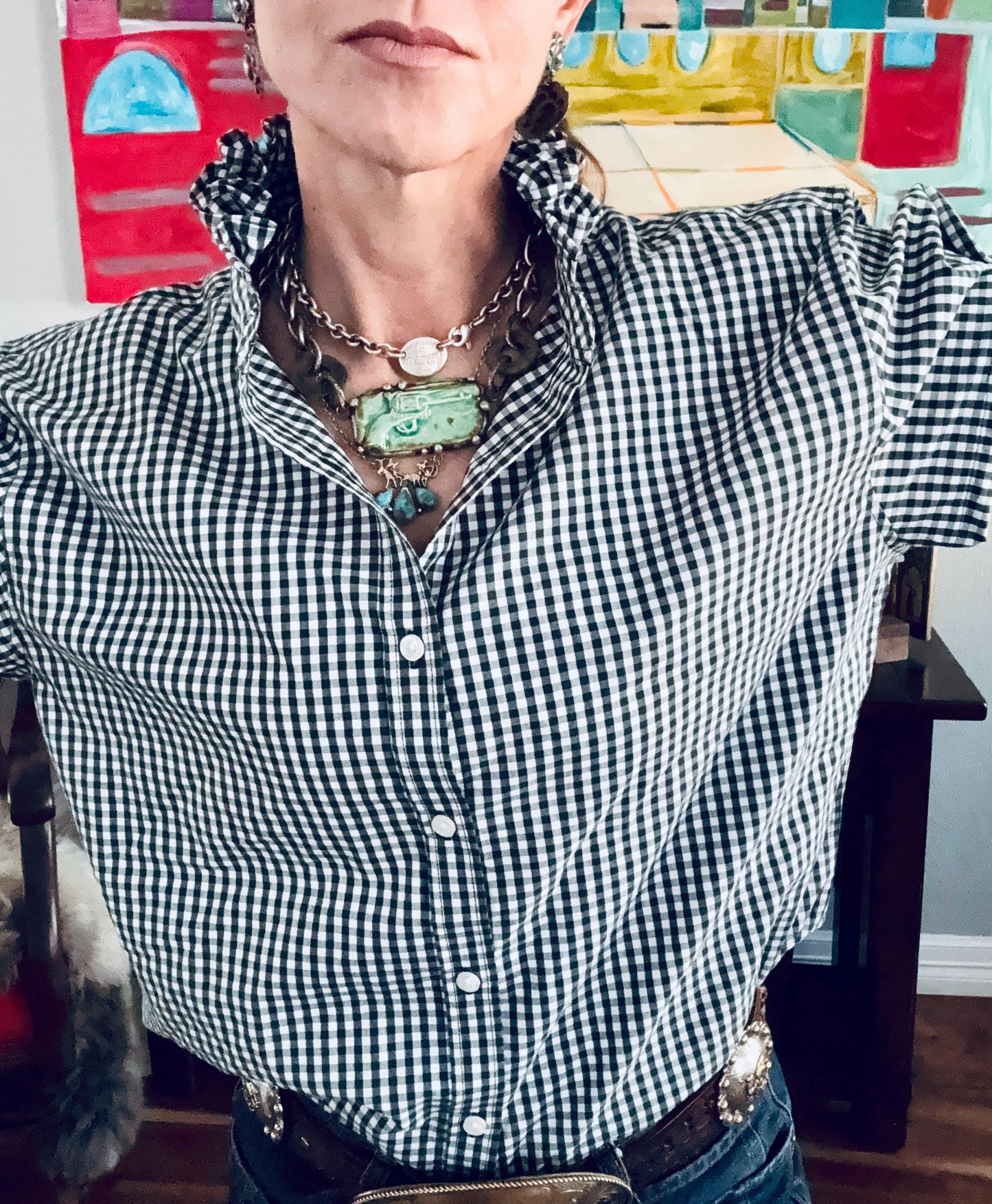 Hunter Green Reworked Boxy Fit Shirt:  Tiny Checks Ruffle Collar