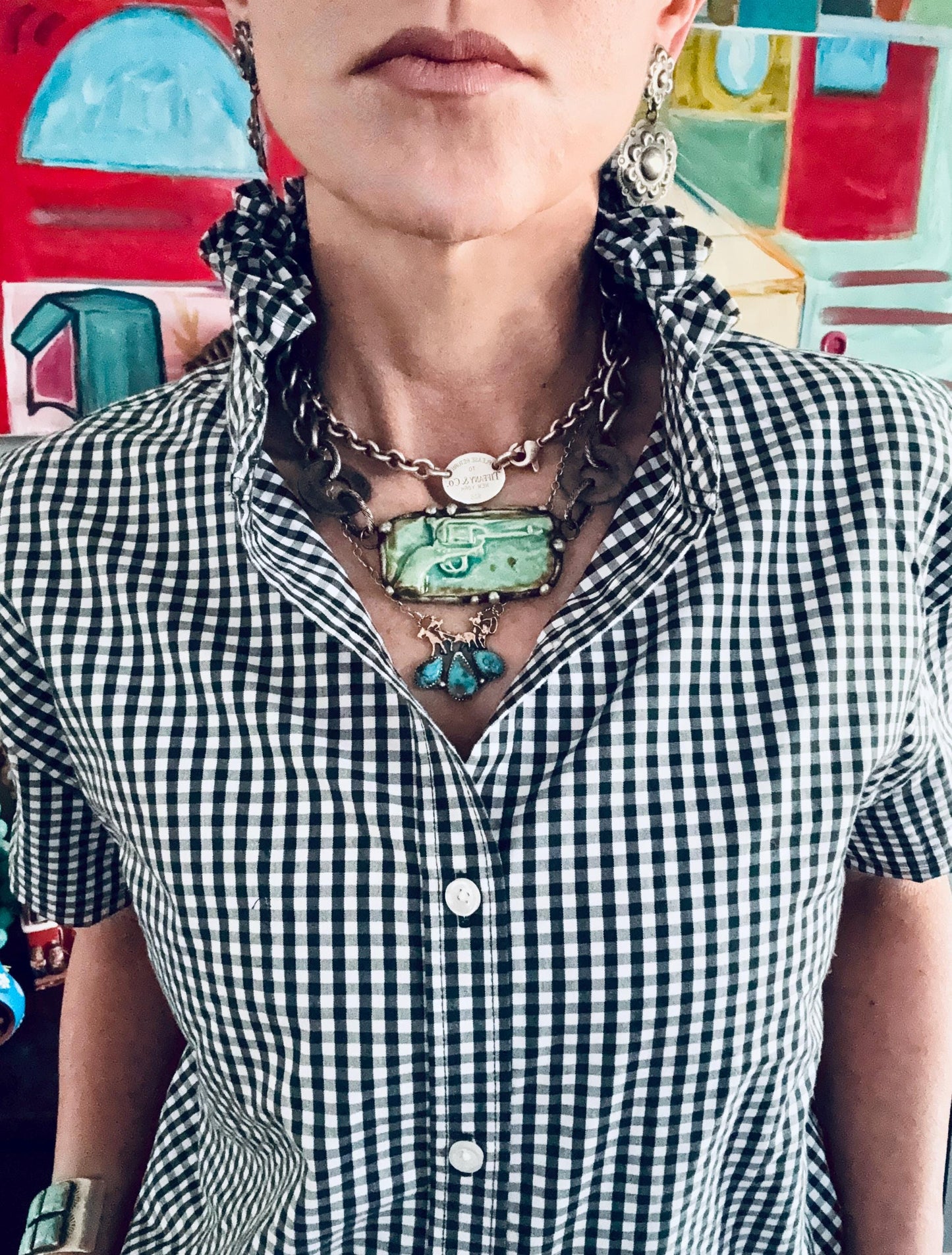 Hunter Green Reworked Boxy Fit Shirt:  Tiny Checks Ruffle Collar