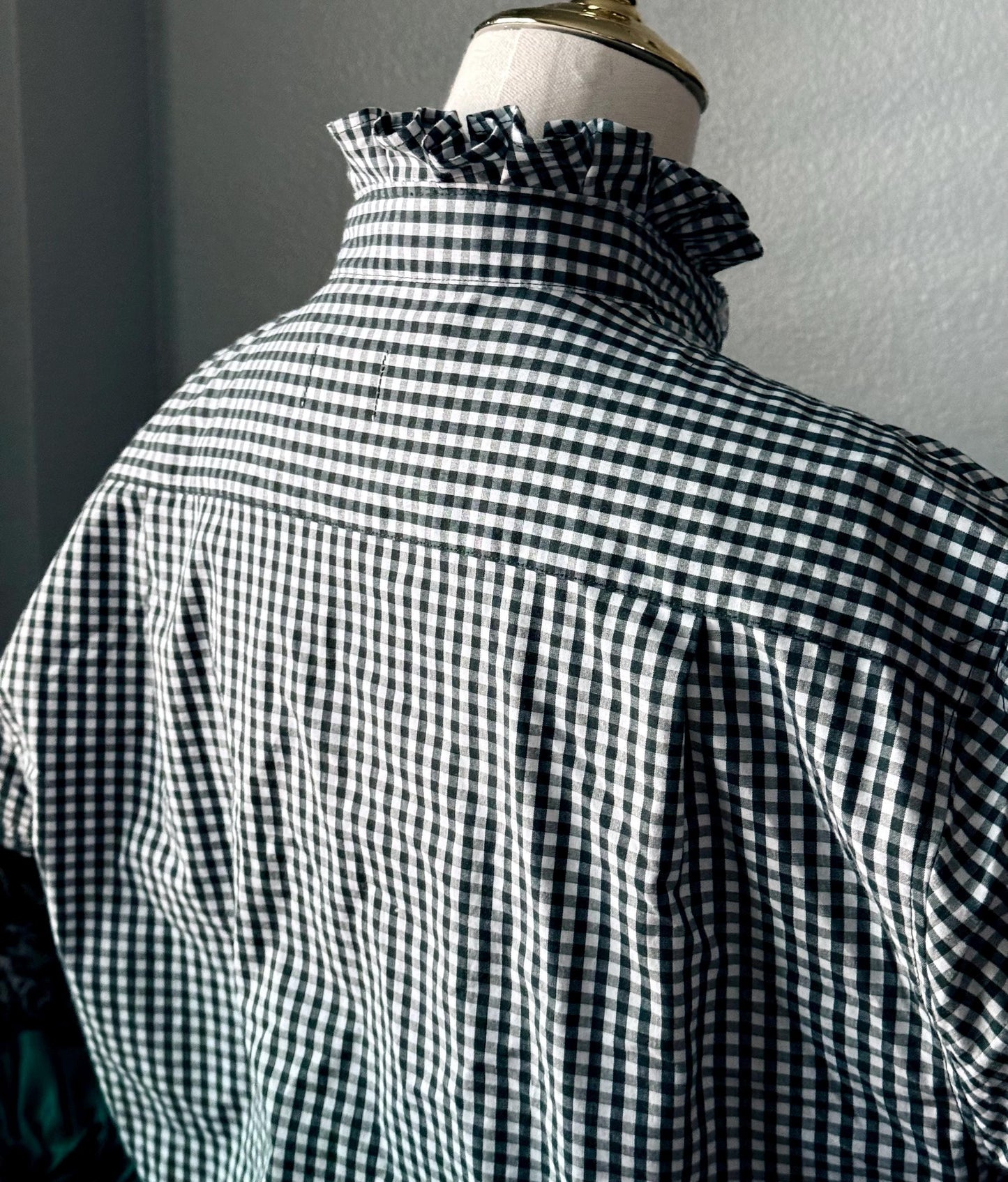 Hunter Green Reworked Boxy Fit Shirt:  Tiny Checks Ruffle Collar