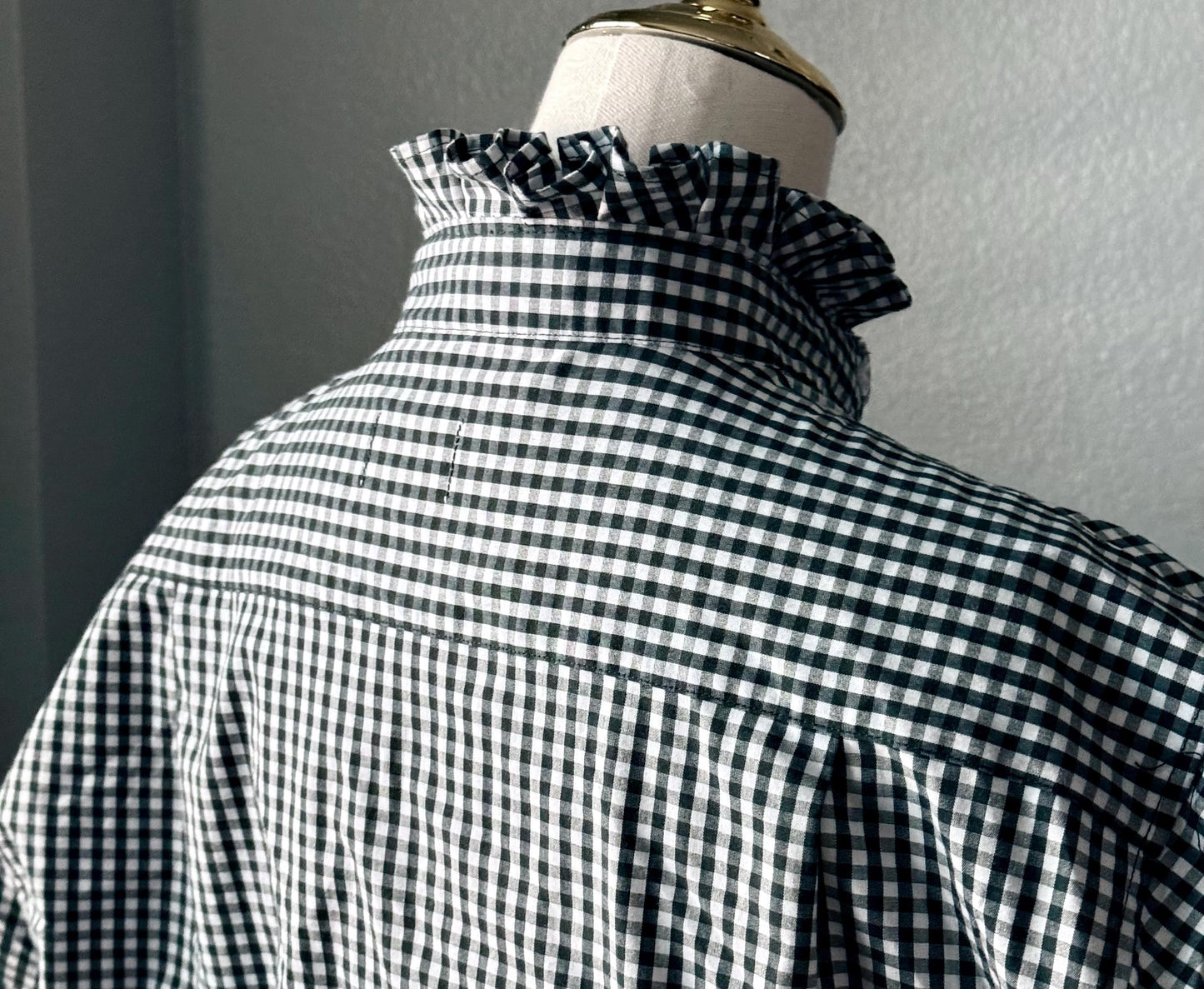 Hunter Green Reworked Boxy Fit Shirt:  Tiny Checks Ruffle Collar