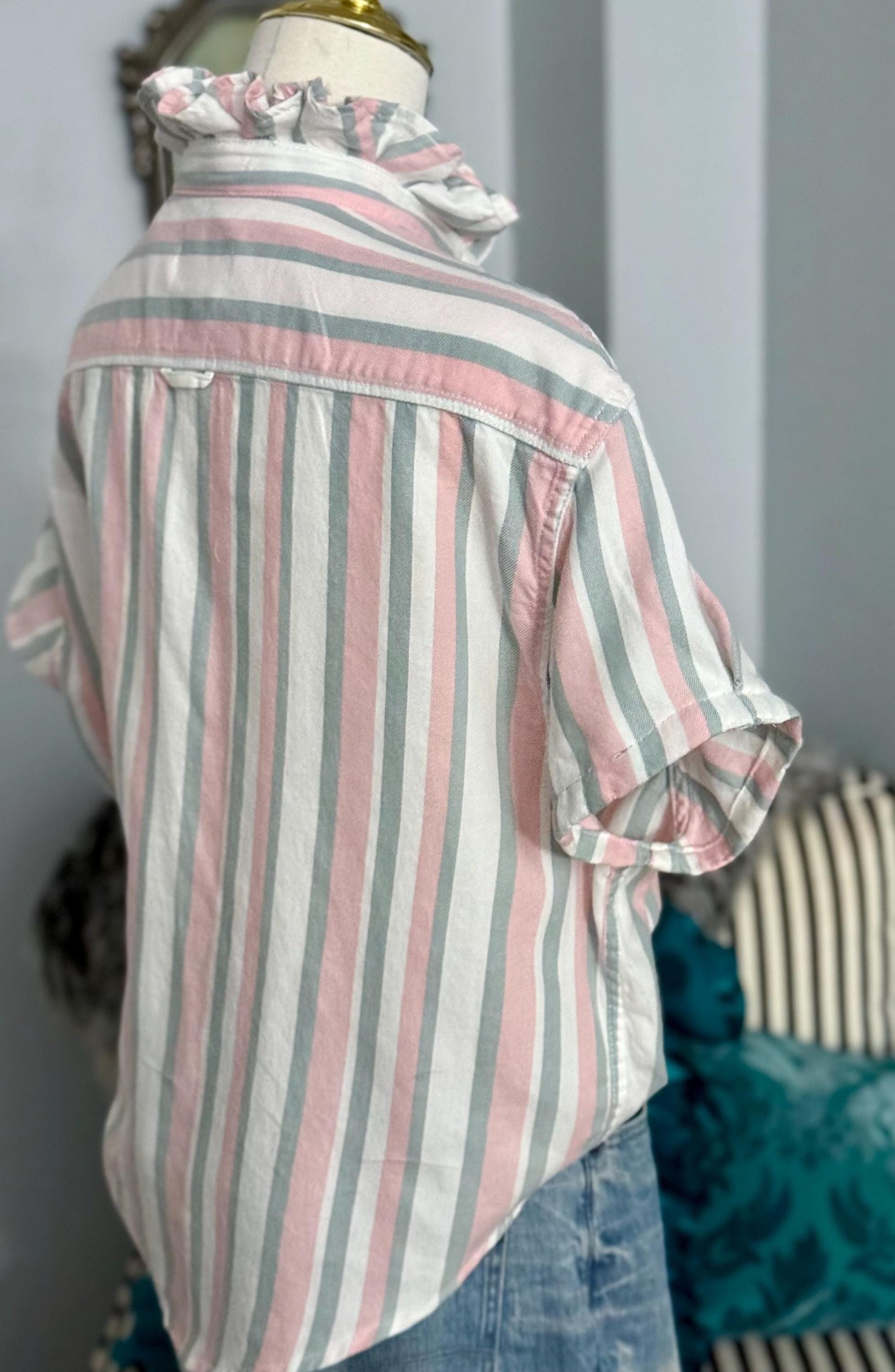 Reworked Oxford Shirt: Grey, Pink & White Striped Ruffle Collar Top Boxy Fit