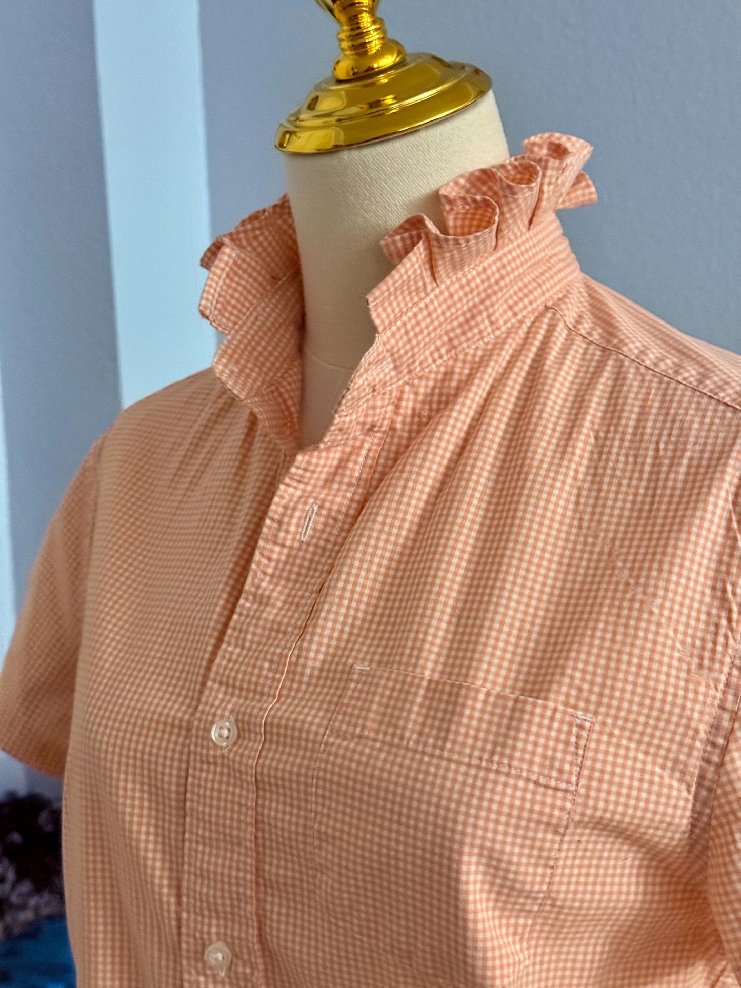Orange and White Reworked Classic Fit Shirt:  Tiny Checks Ruffle Collar