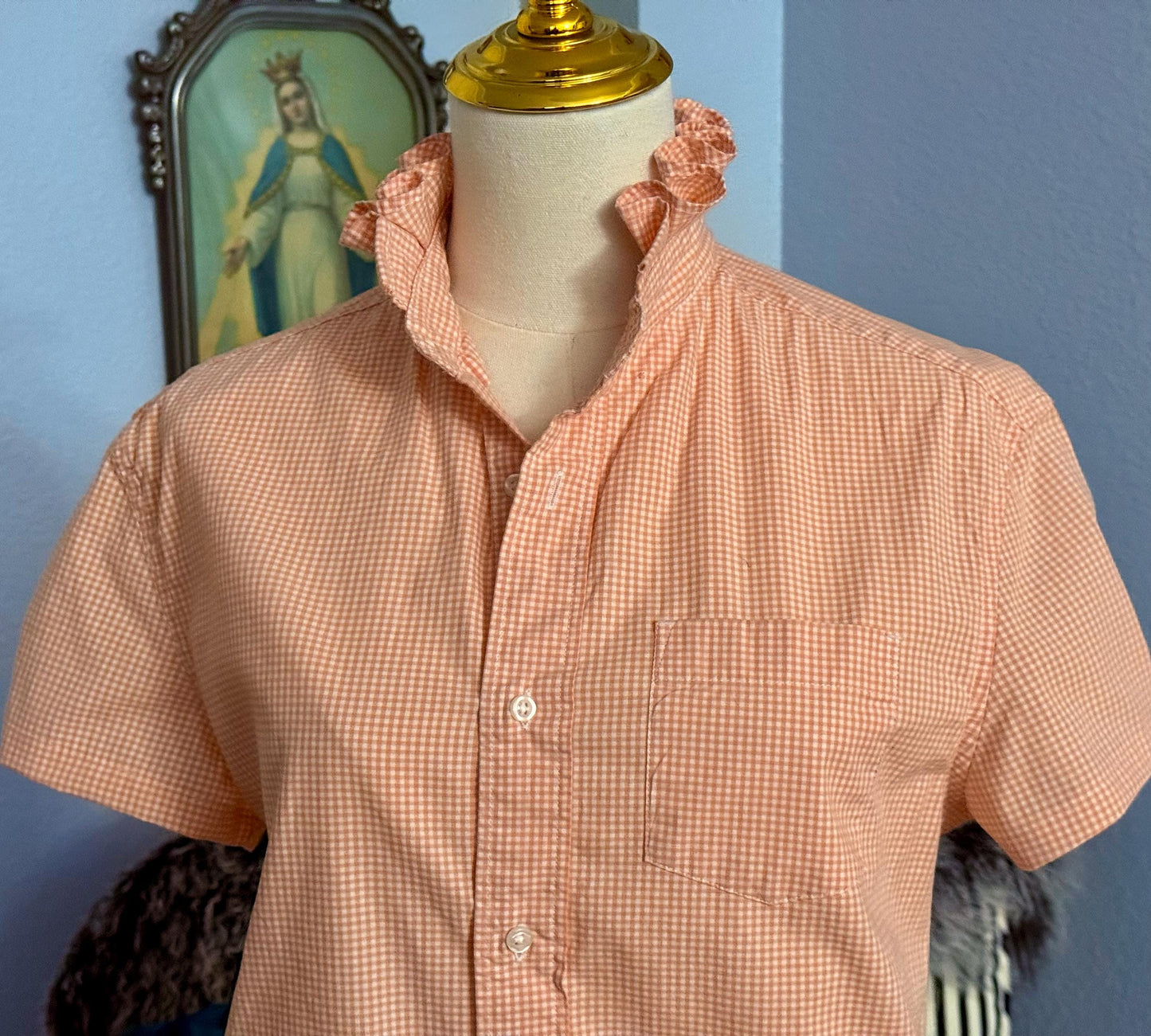 Orange and White Reworked Classic Fit Shirt:  Tiny Checks Ruffle Collar