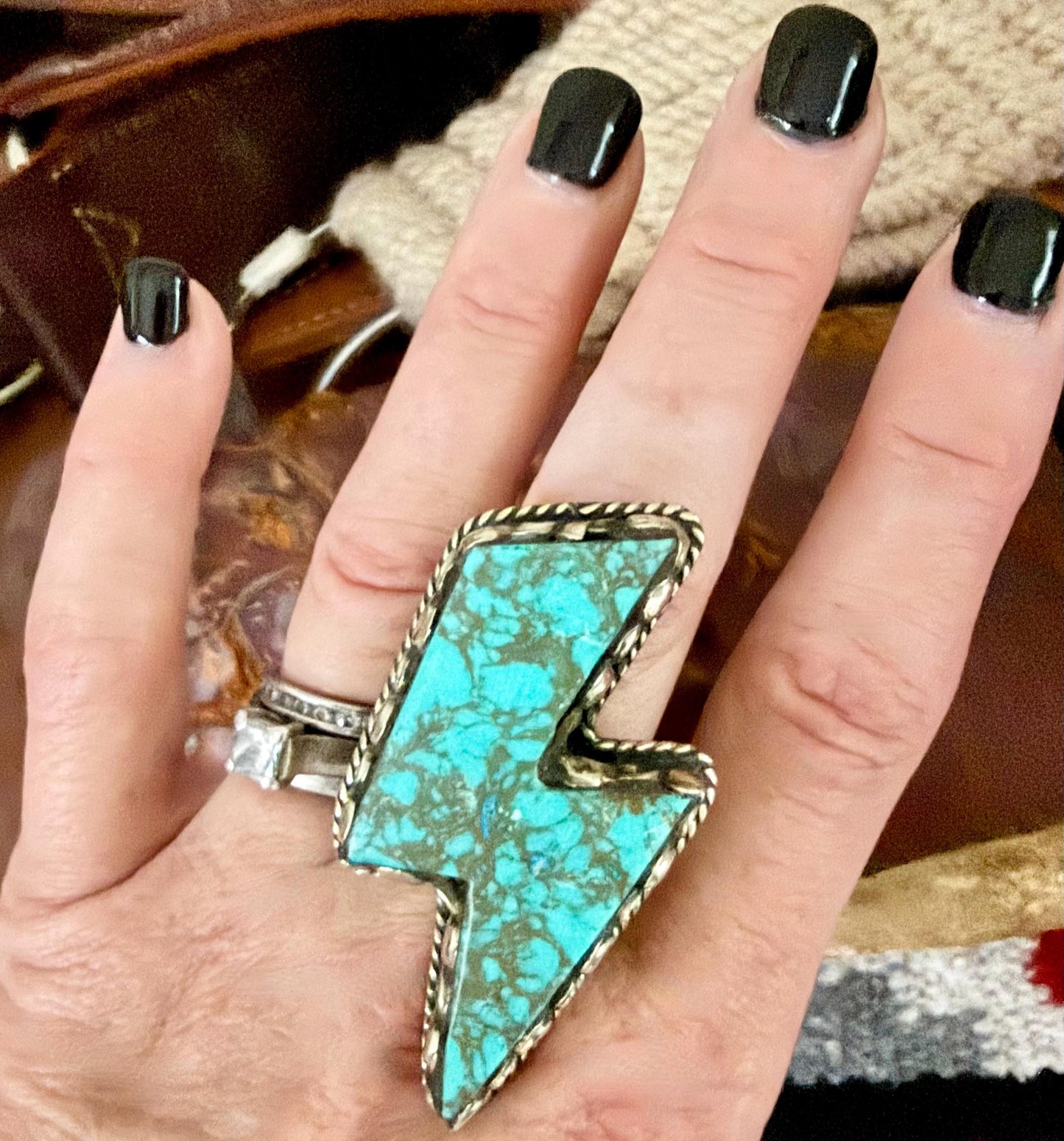 Chunky Tibetan Silver Lightning Bolt Ring, Howlite Turquoise Stone, Adjustable Boho Western Statement