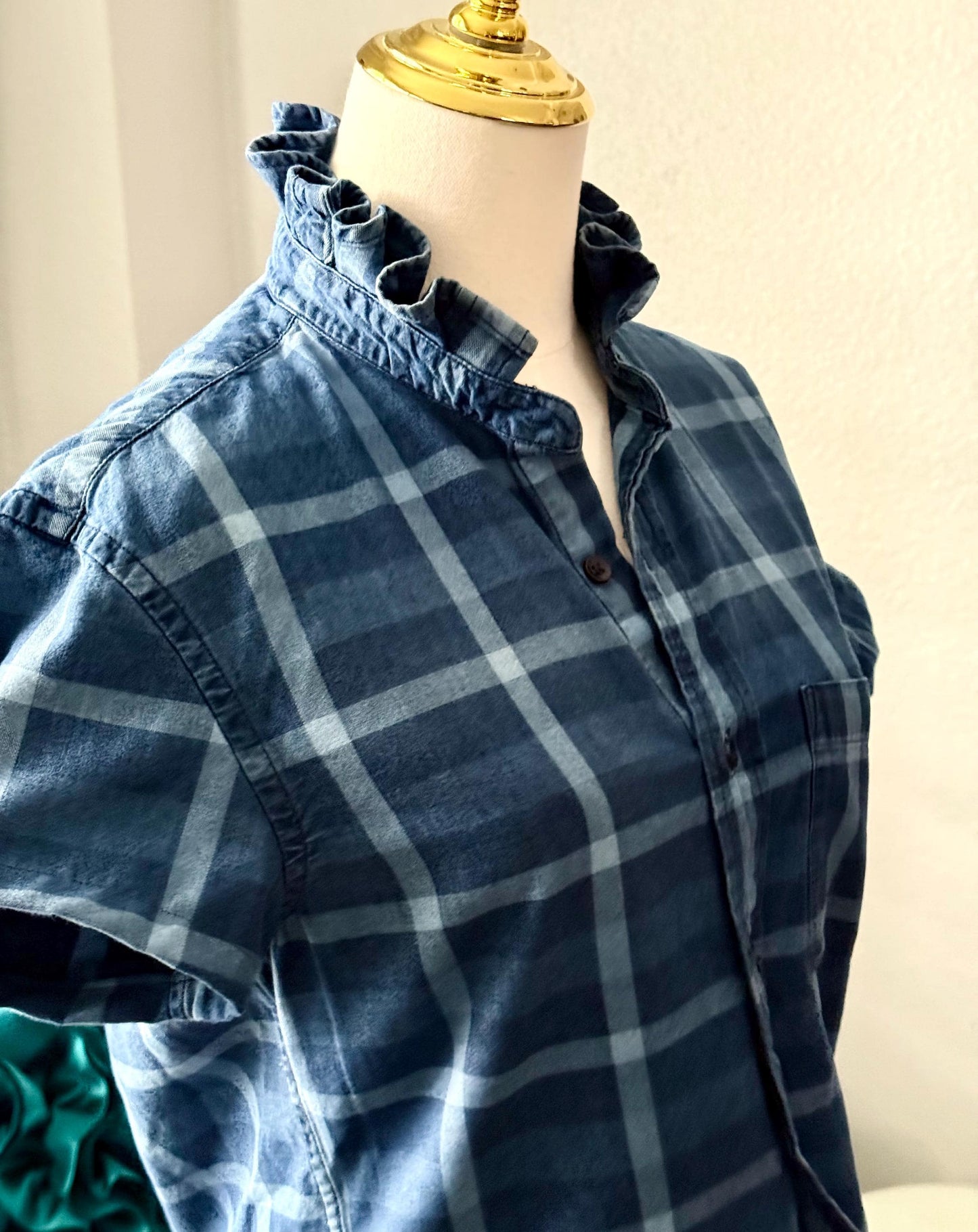 Reworked Shirt:  Medium Weight Denim Ruffle Collar Top Classic Fit