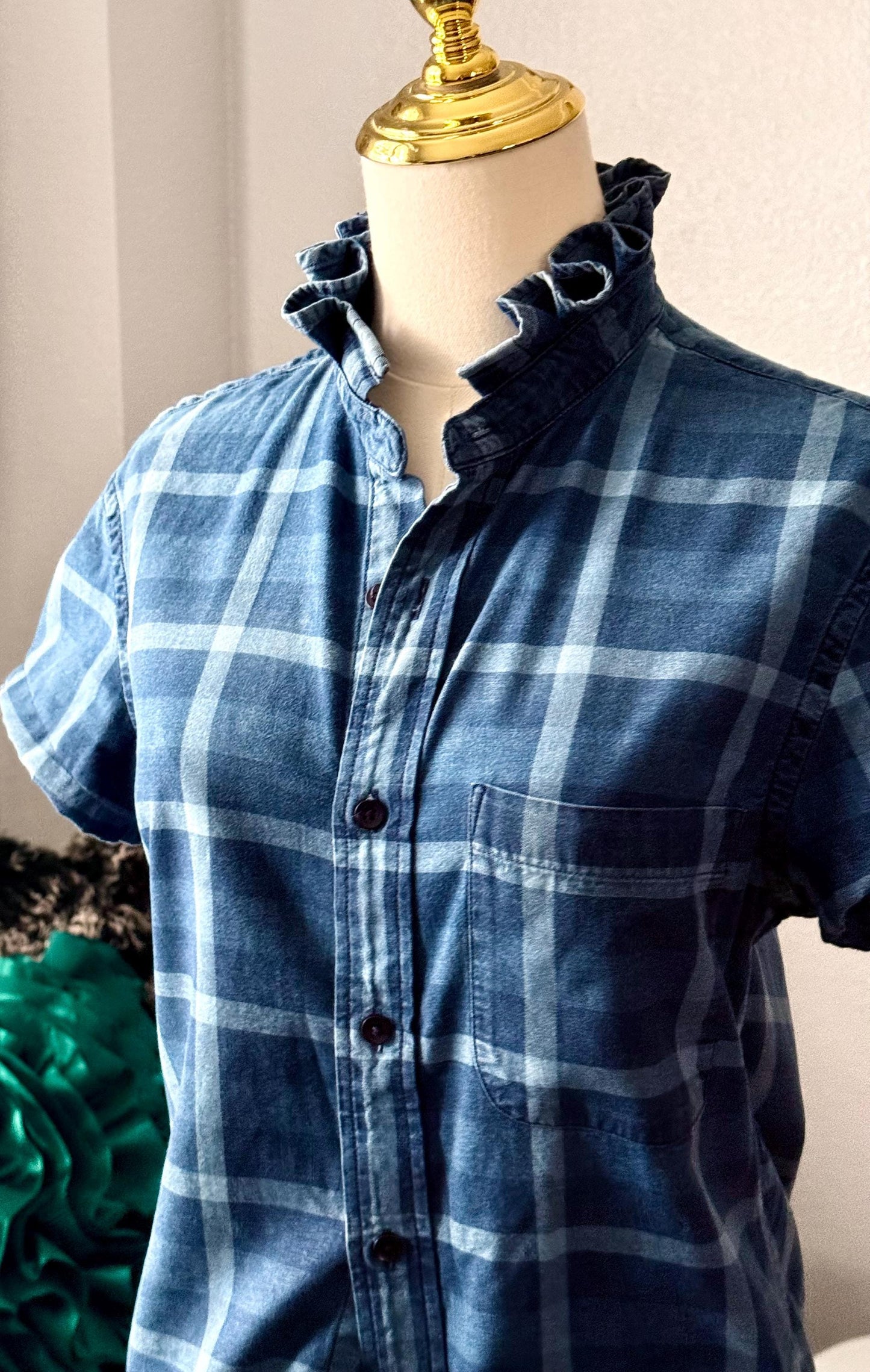 Reworked Shirt:  Medium Weight Denim Ruffle Collar Top Classic Fit