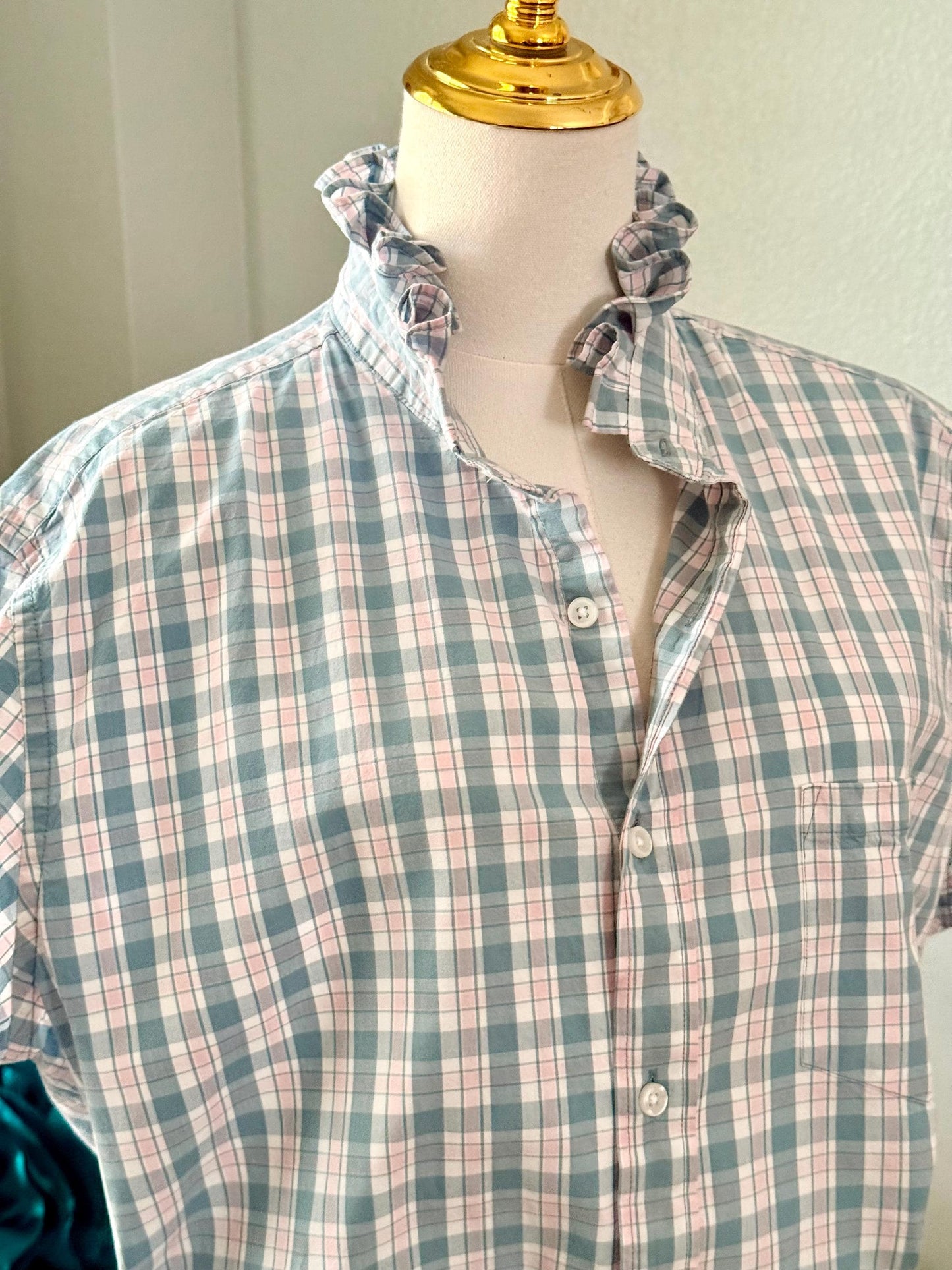 Reworked Plaid Cotton Shirt: Ruffled Collar, Short Sleeve, Upcycled Fashion