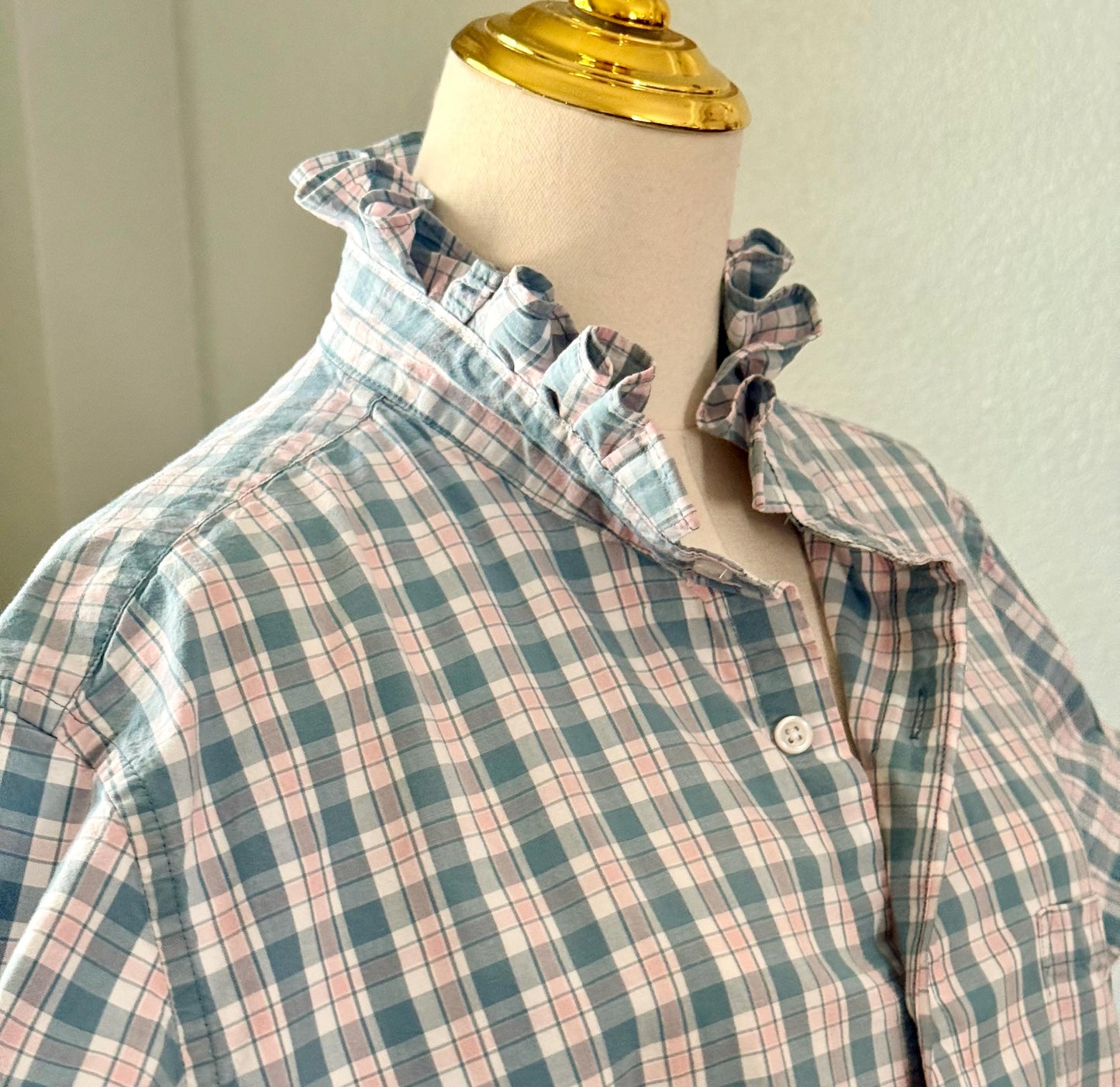Reworked Plaid Cotton Shirt: Ruffled Collar, Short Sleeve, Upcycled Fashion