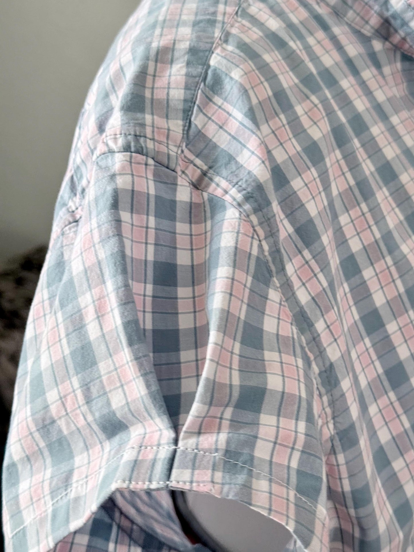 Reworked Plaid Cotton Shirt: Ruffled Collar, Short Sleeve, Upcycled Fashion