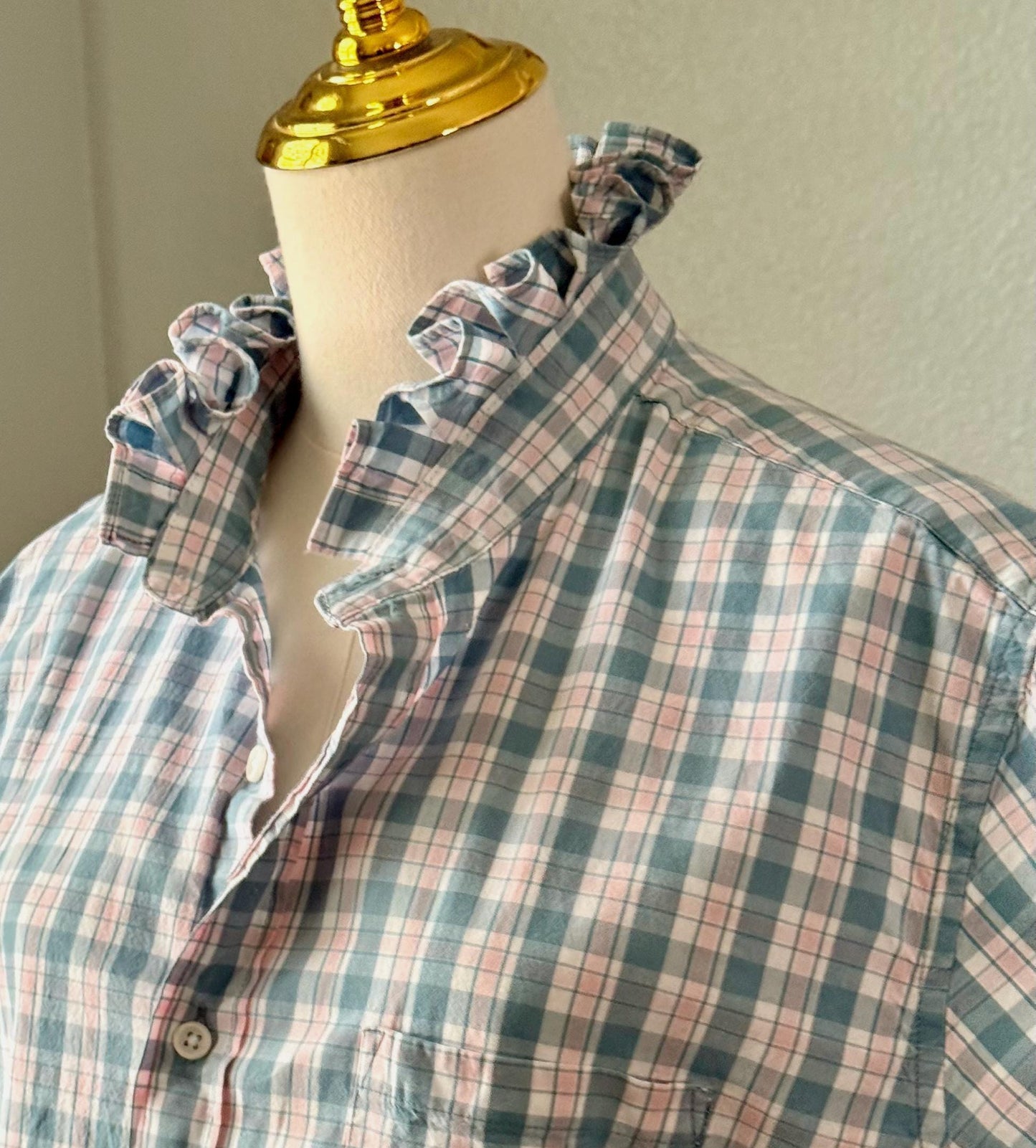 Reworked Plaid Cotton Shirt: Ruffled Collar, Short Sleeve, Upcycled Fashion