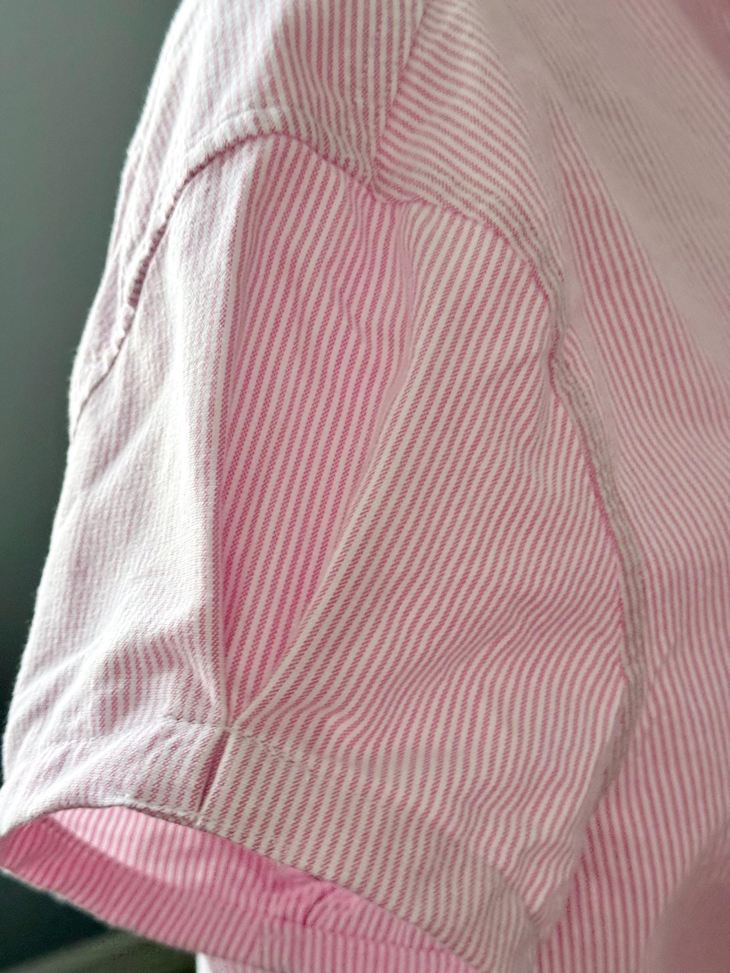 Reworked Oxford Shirt: Pink & White Striped Ruffle Collar Top Boxy Fit