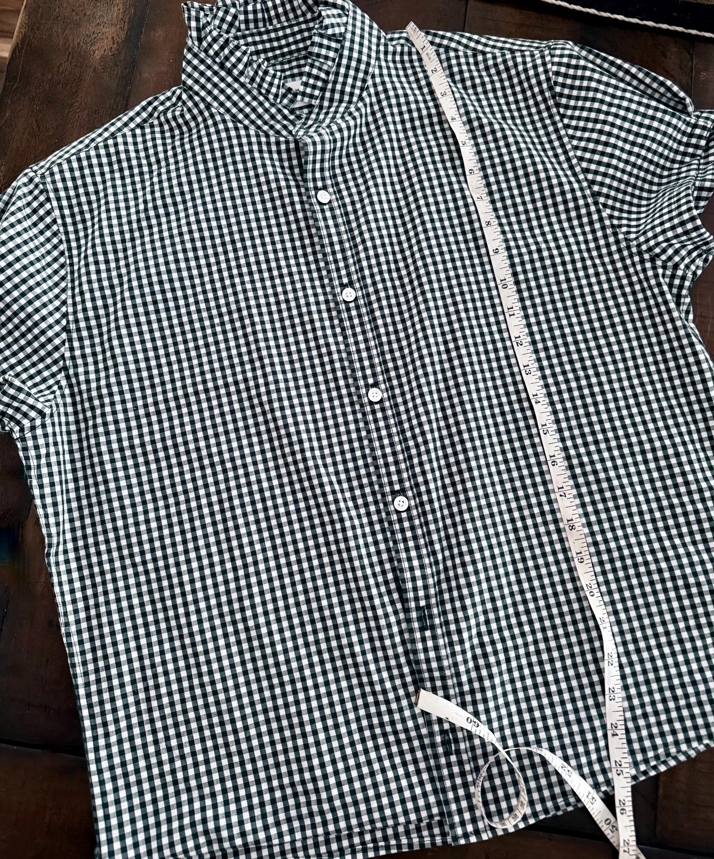 Hunter Green Reworked Boxy Fit Shirt:  Tiny Checks Ruffle Collar