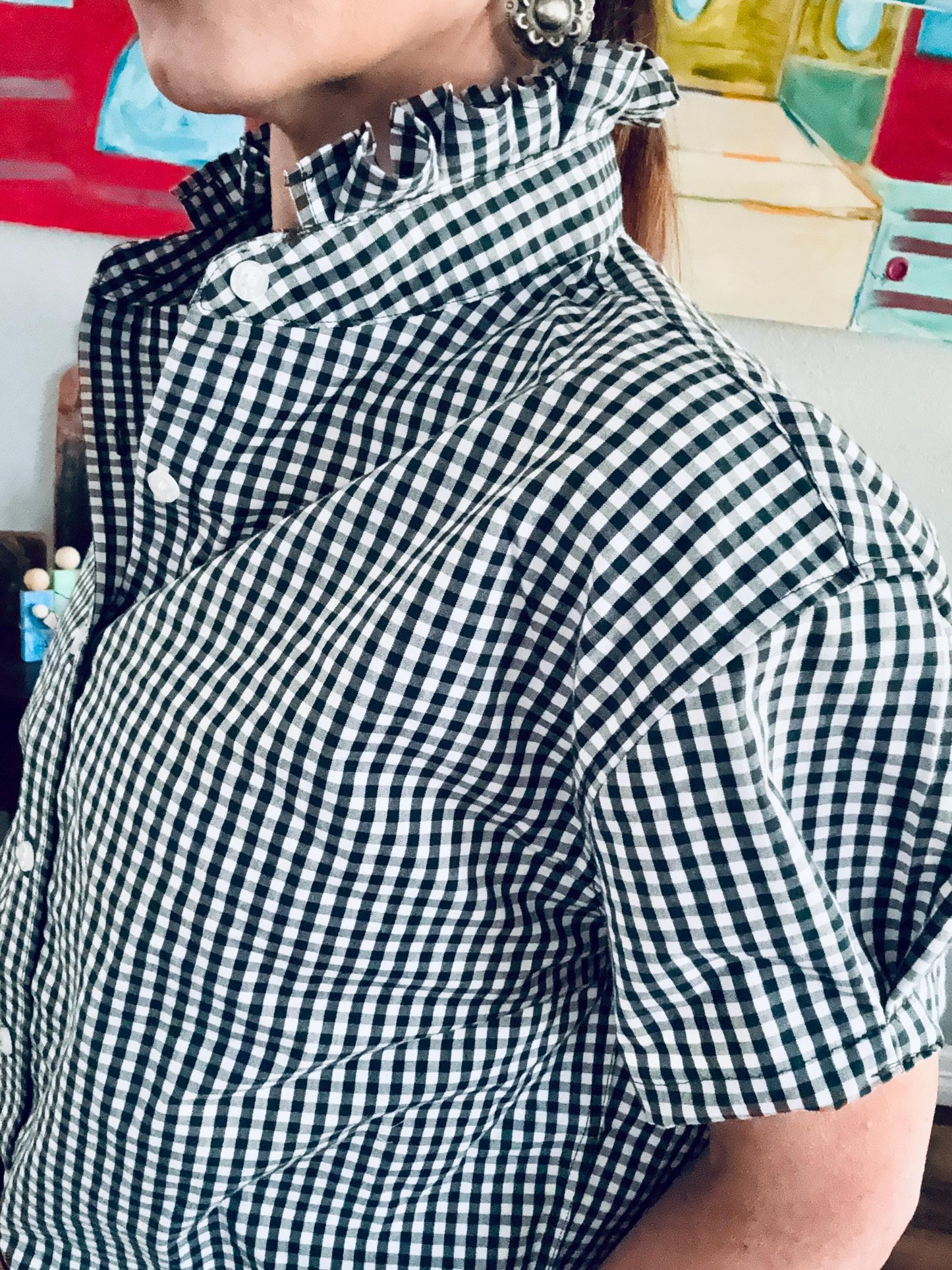 Hunter Green Reworked Boxy Fit Shirt:  Tiny Checks Ruffle Collar