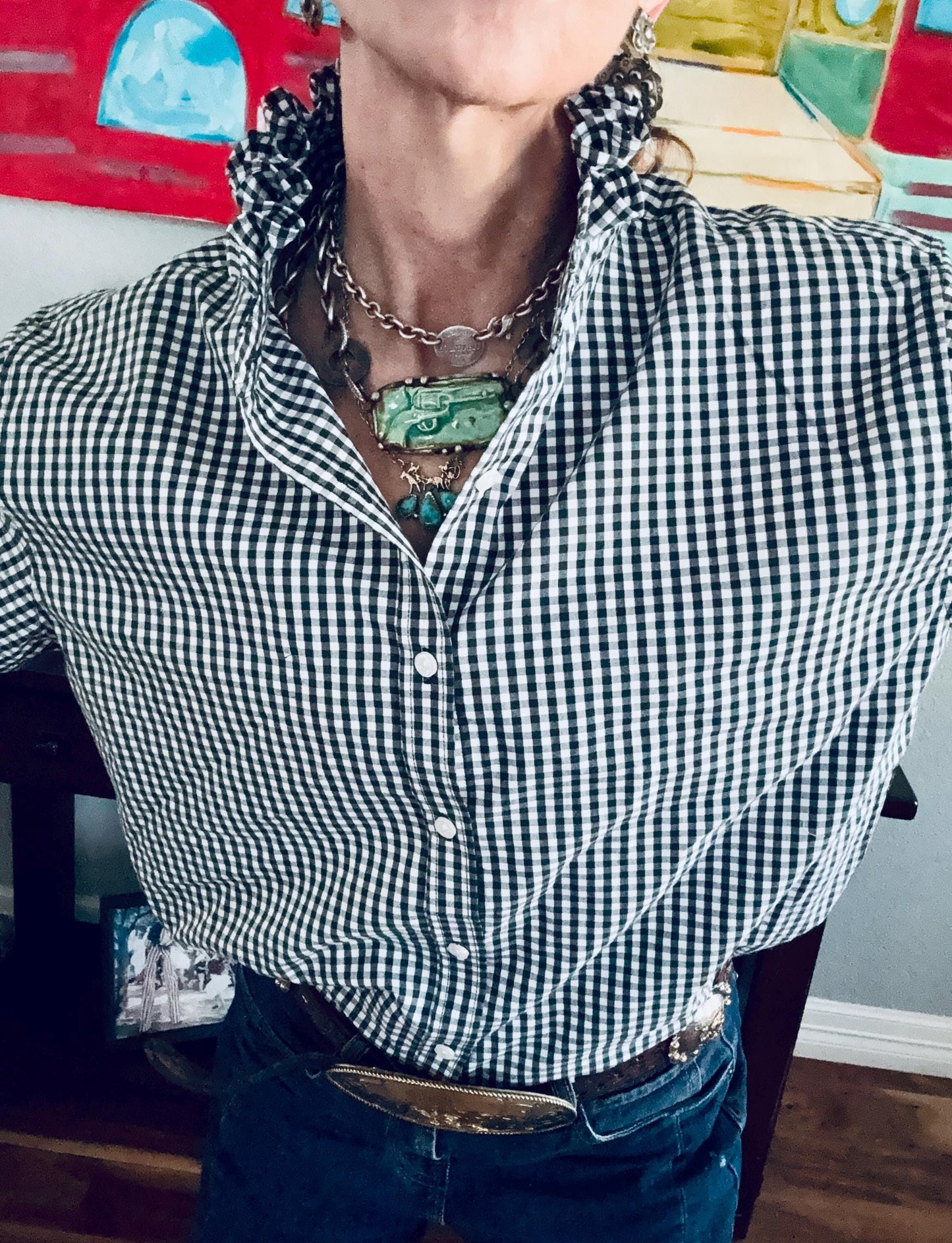 Hunter Green Reworked Boxy Fit Shirt:  Tiny Checks Ruffle Collar