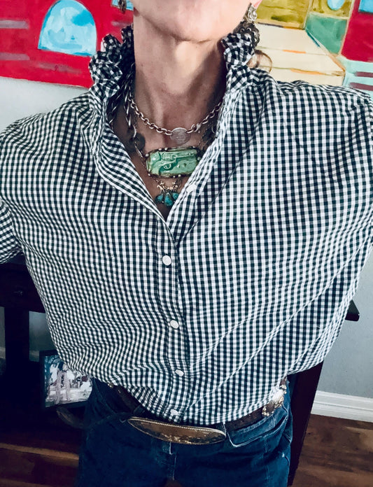 Hunter Green Reworked Boxy Fit Shirt:  Tiny Checks Ruffle Collar