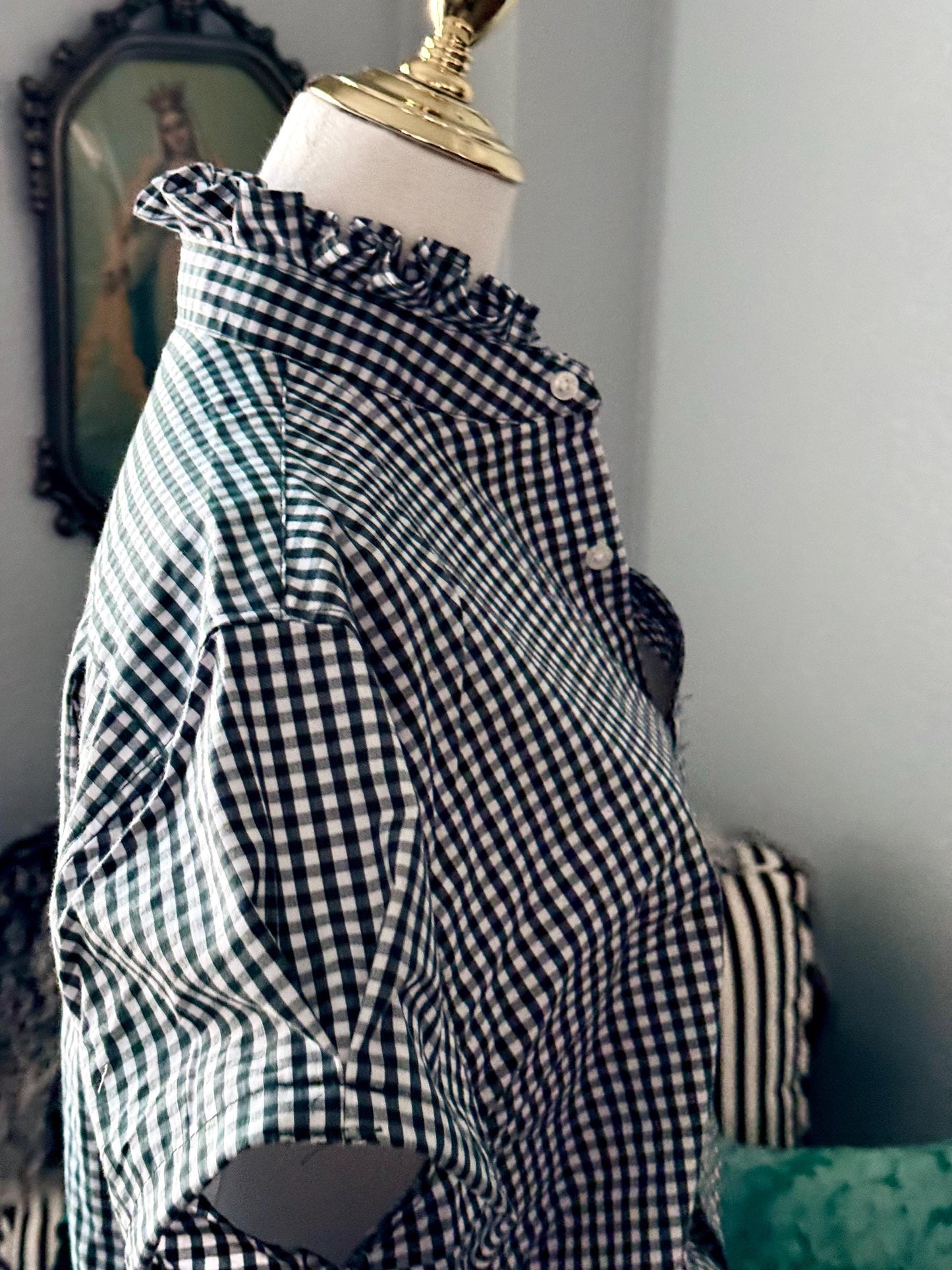 Hunter Green Reworked Boxy Fit Shirt:  Tiny Checks Ruffle Collar