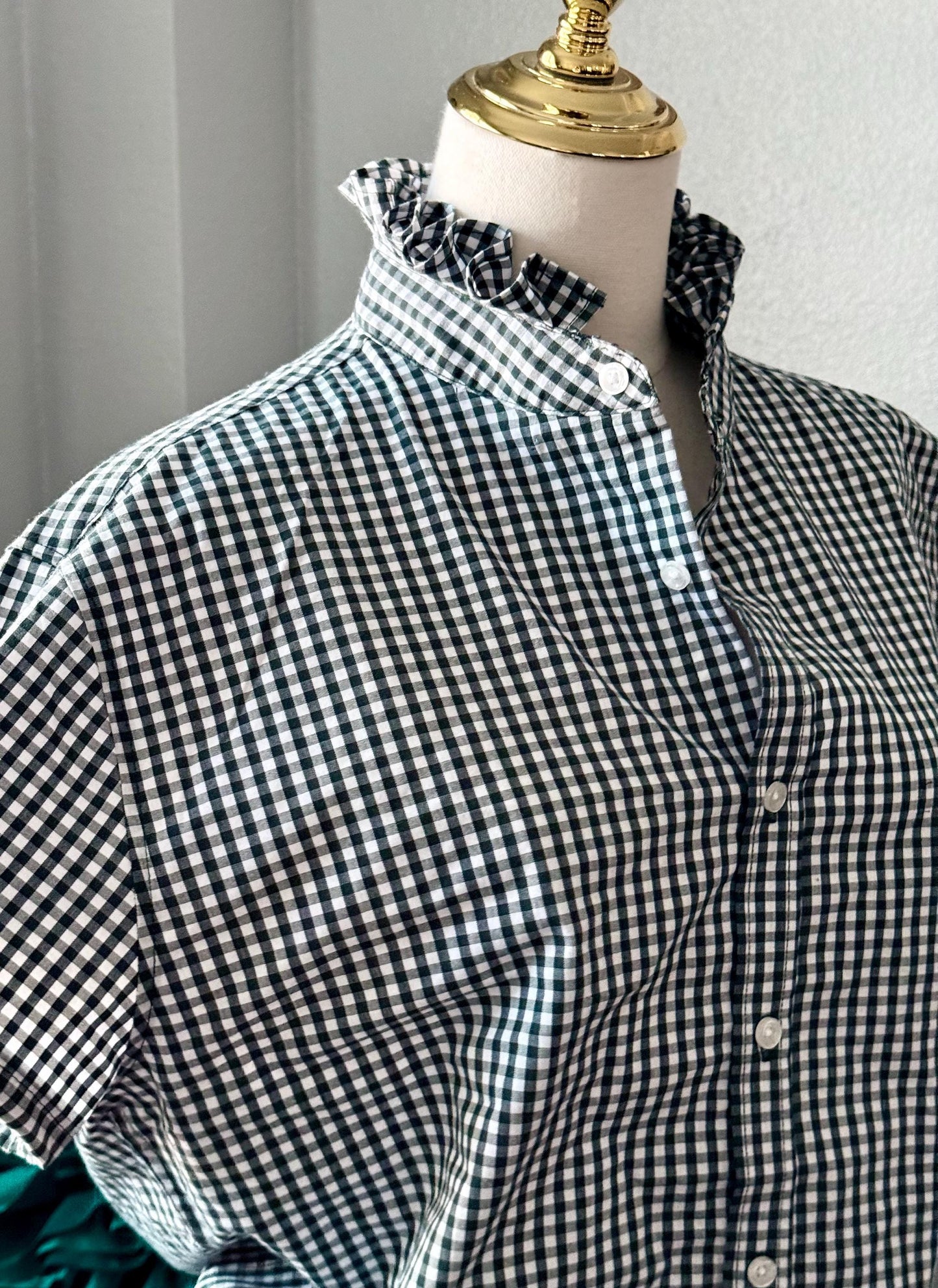 Hunter Green Reworked Boxy Fit Shirt:  Tiny Checks Ruffle Collar