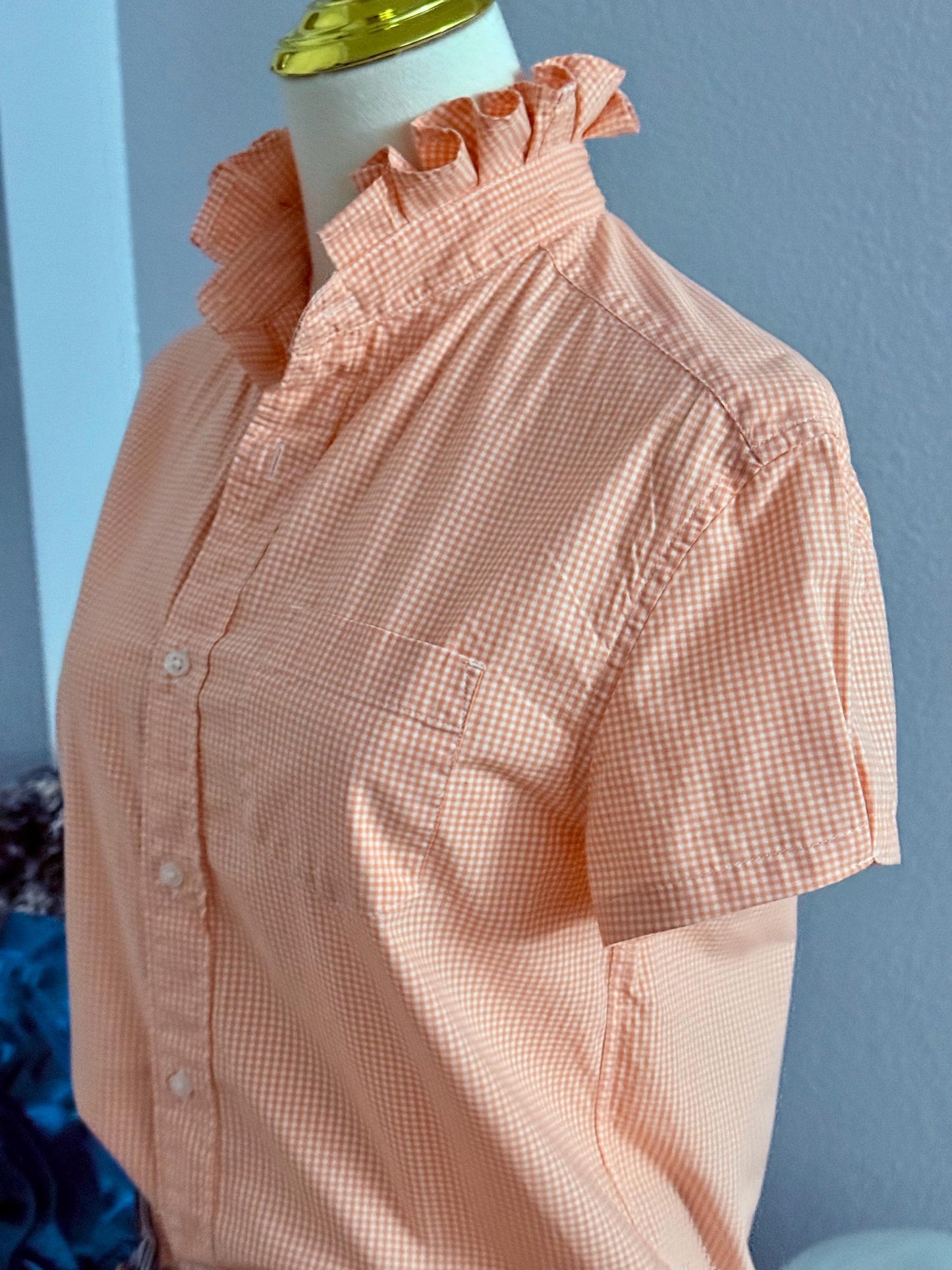 Orange and White Reworked Classic Fit Shirt:  Tiny Checks Ruffle Collar