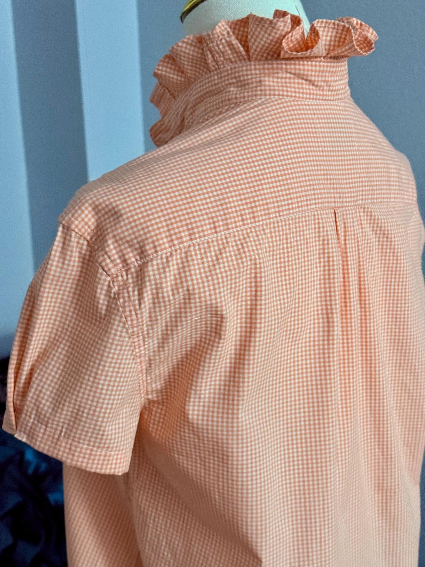 Orange and White Reworked Classic Fit Shirt:  Tiny Checks Ruffle Collar