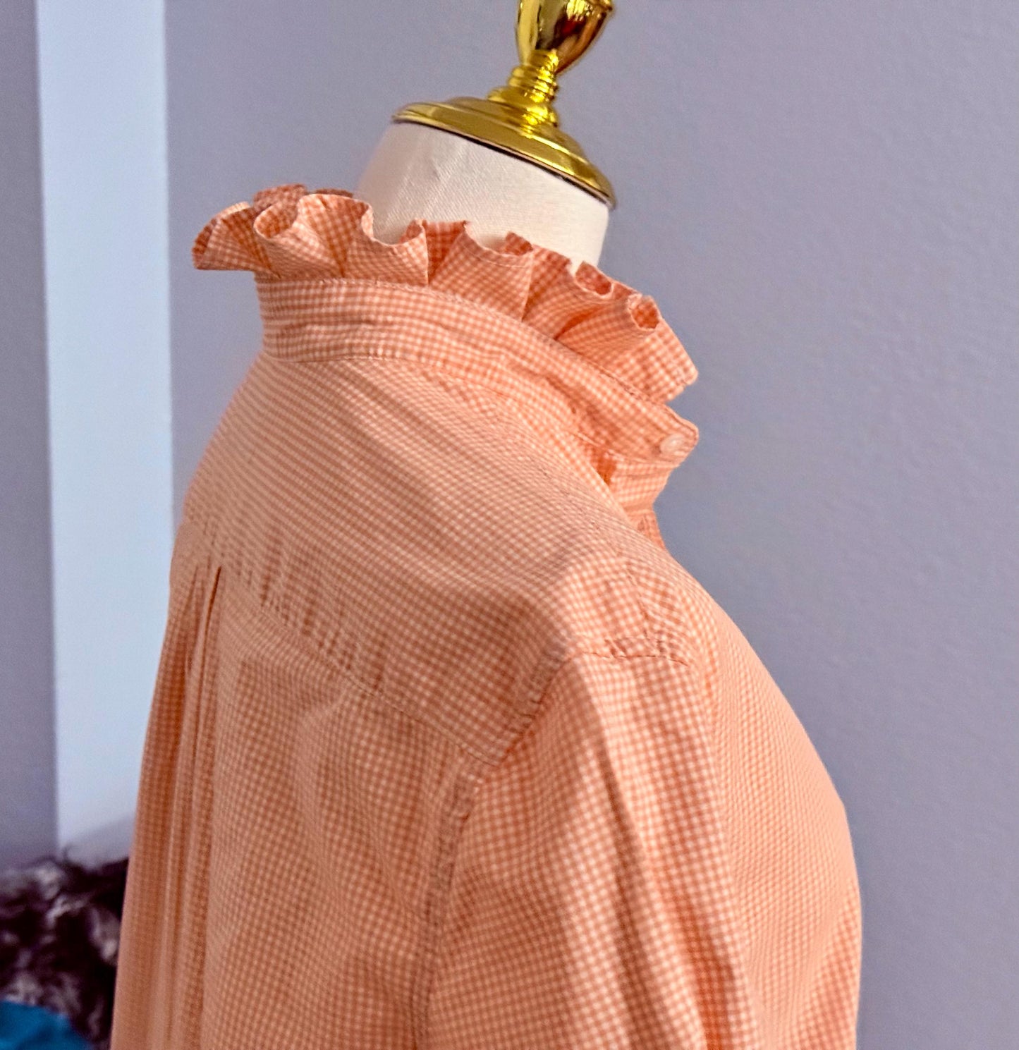 Orange and White Reworked Classic Fit Shirt:  Tiny Checks Ruffle Collar