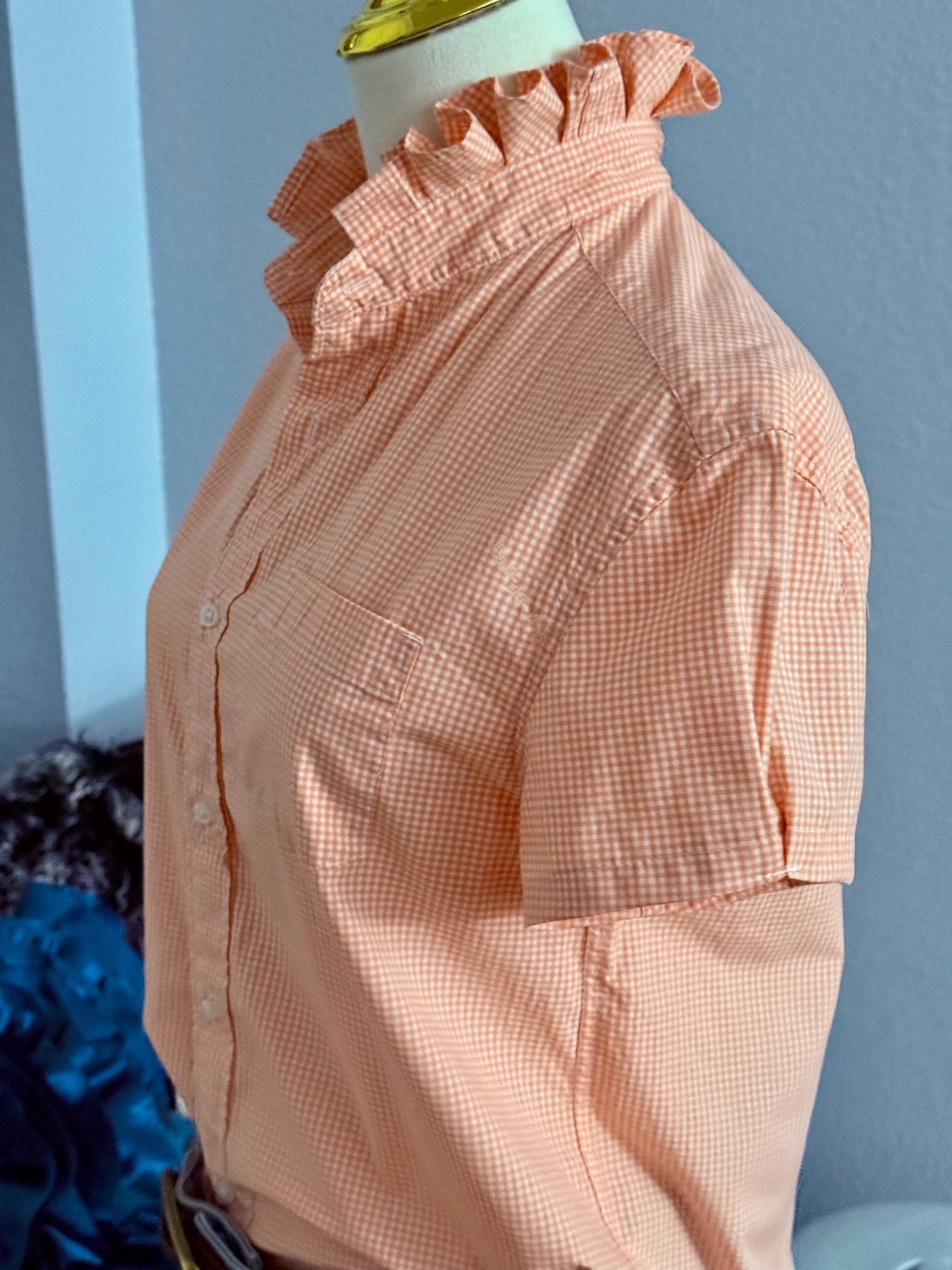 Orange and White Reworked Classic Fit Shirt:  Tiny Checks Ruffle Collar