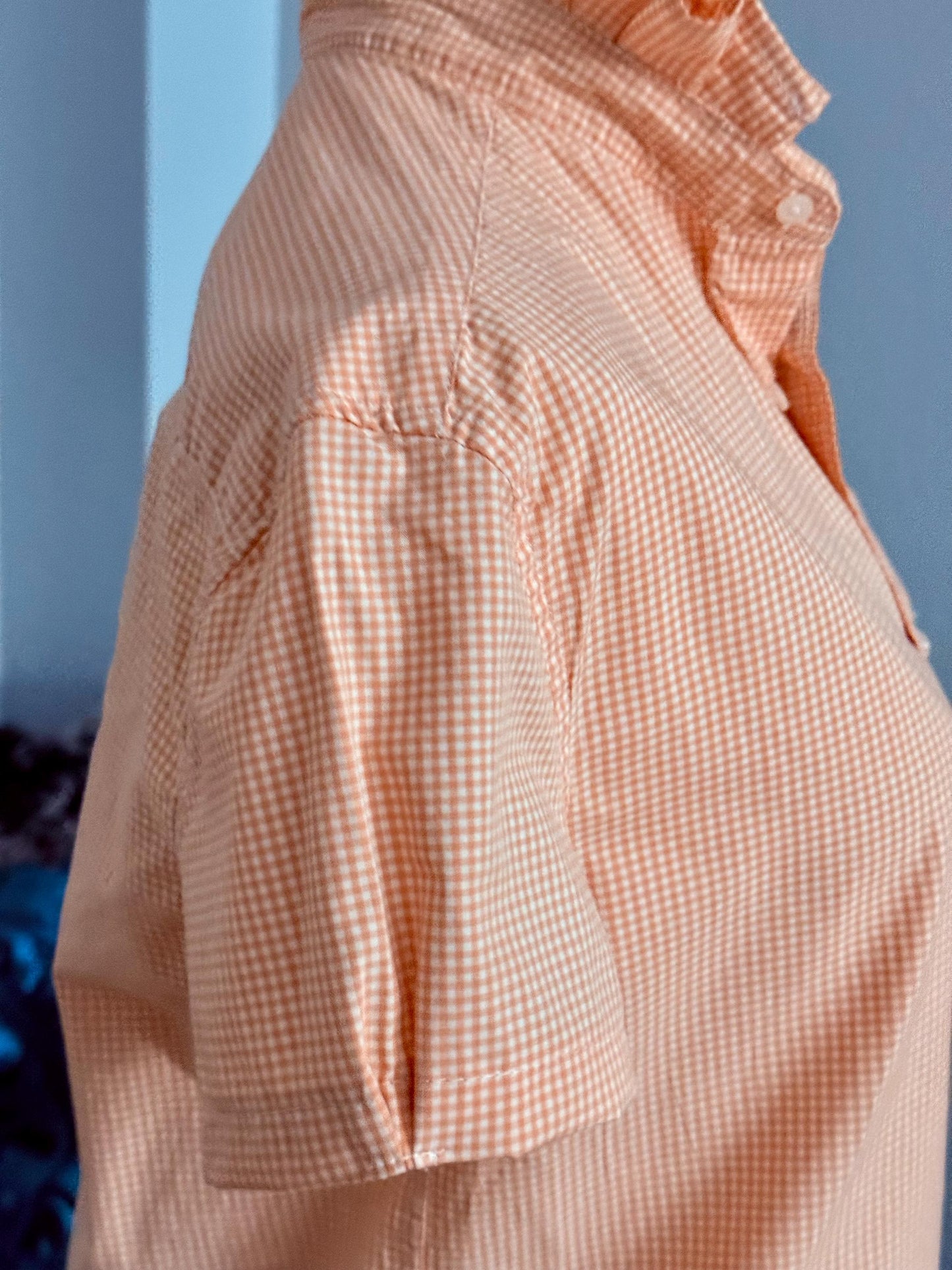 Orange and White Reworked Classic Fit Shirt:  Tiny Checks Ruffle Collar