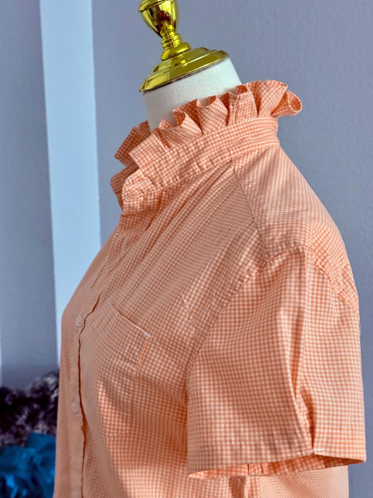 Orange and White Reworked Classic Fit Shirt:  Tiny Checks Ruffle Collar