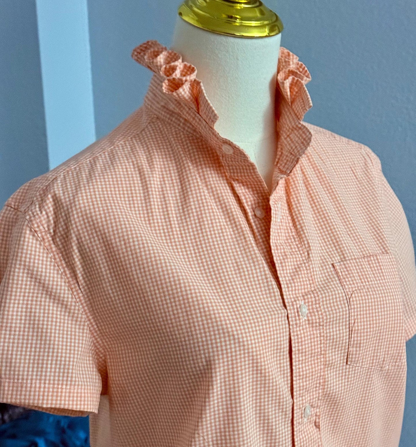 Orange and White Reworked Classic Fit Shirt:  Tiny Checks Ruffle Collar