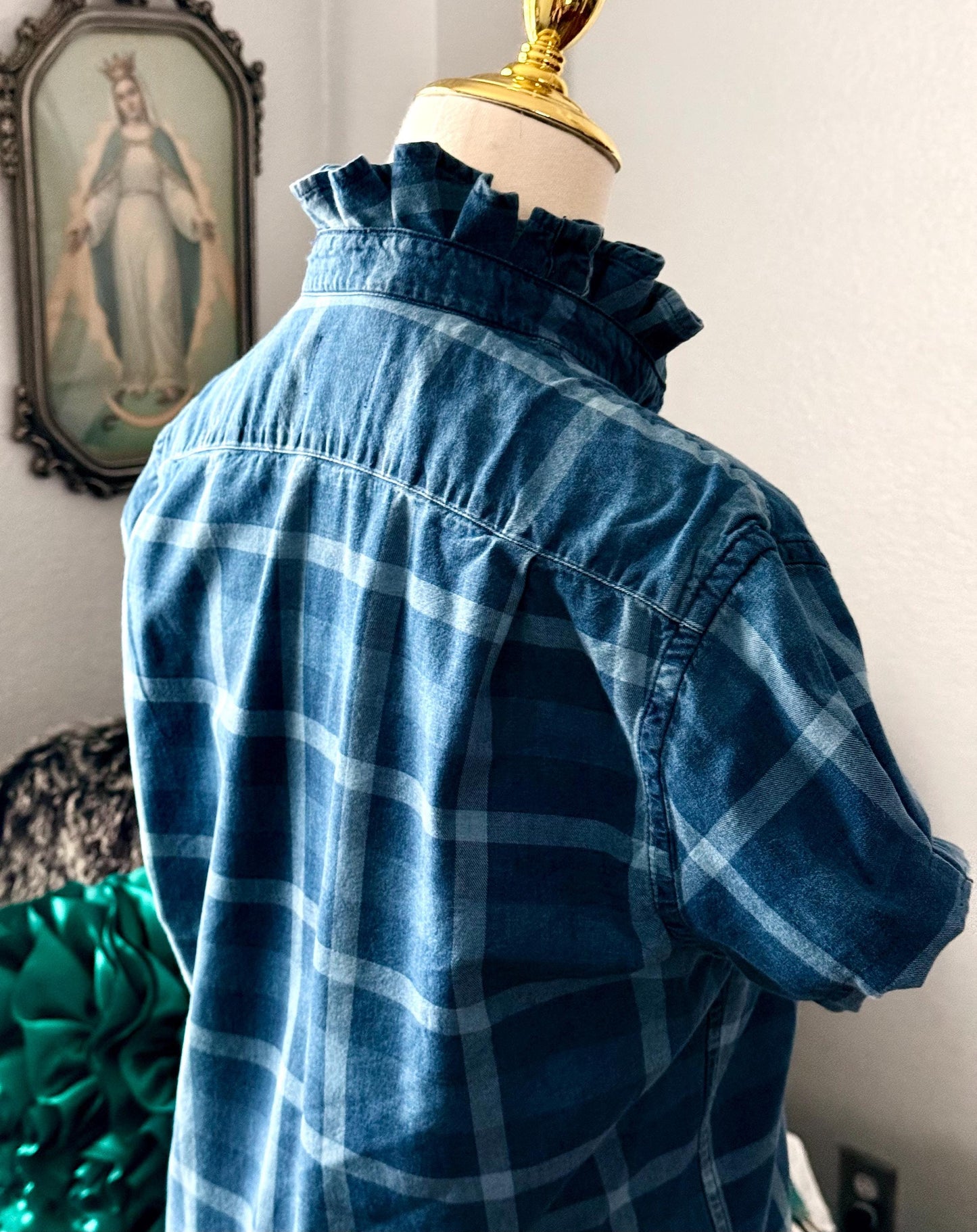 Reworked Shirt:  Medium Weight Denim Ruffle Collar Top Classic Fit