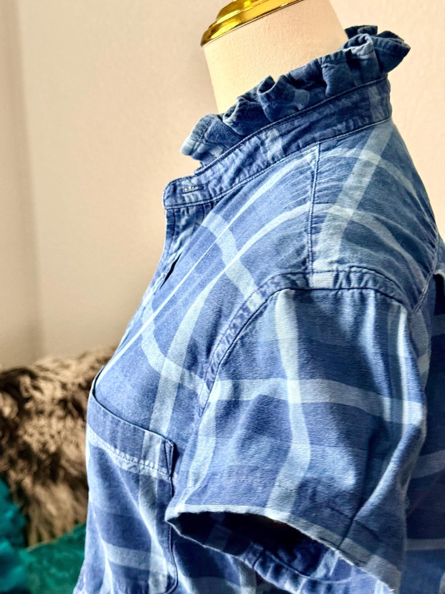 Reworked Shirt:  Medium Weight Denim Ruffle Collar Top Classic Fit