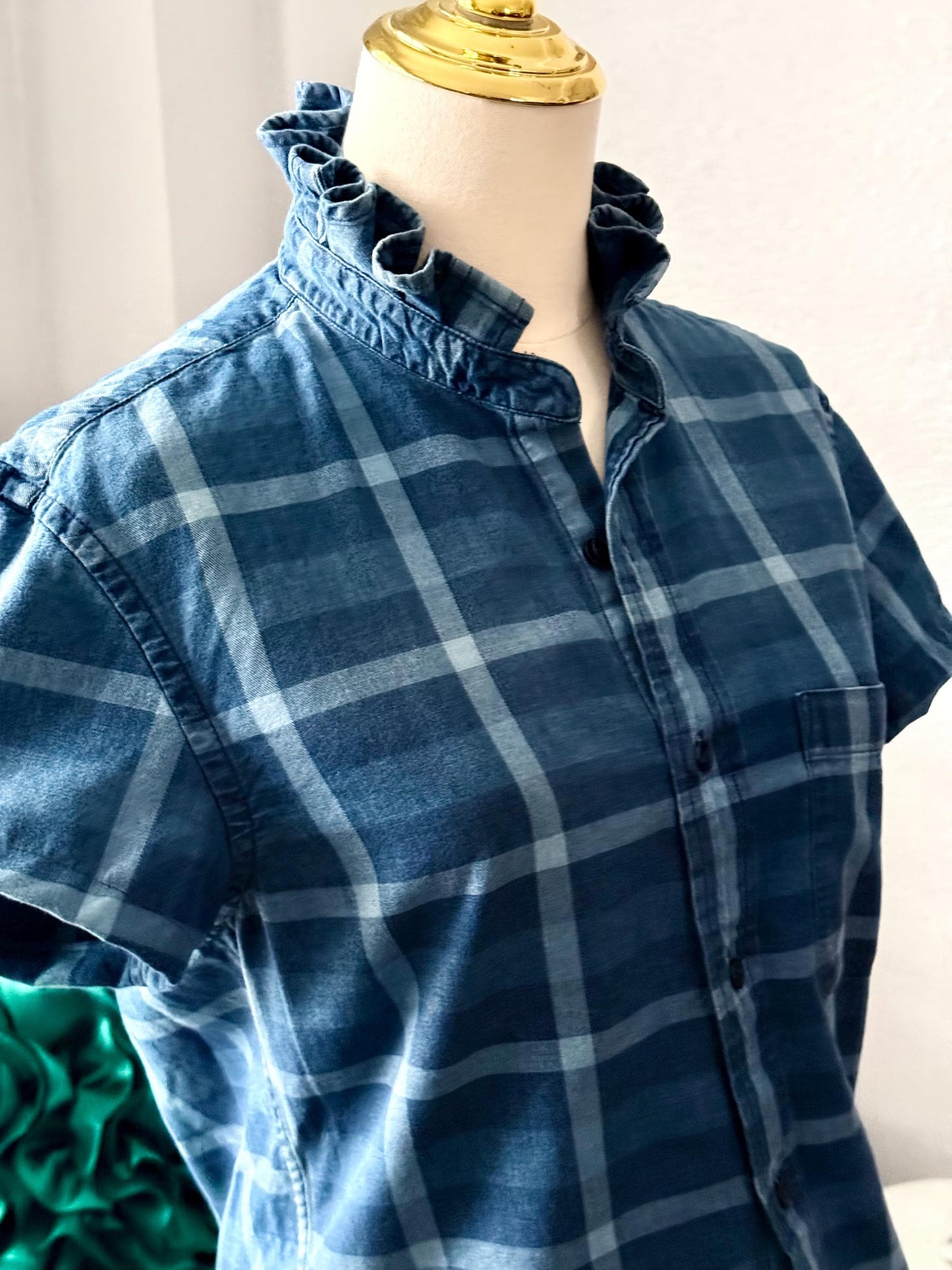 Reworked Shirt:  Medium Weight Denim Ruffle Collar Top Classic Fit