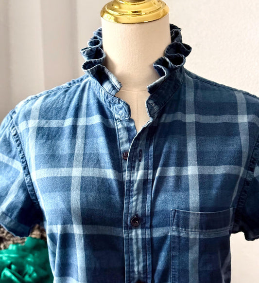 Reworked Shirt:  Medium Weight Denim Ruffle Collar Top Classic Fit