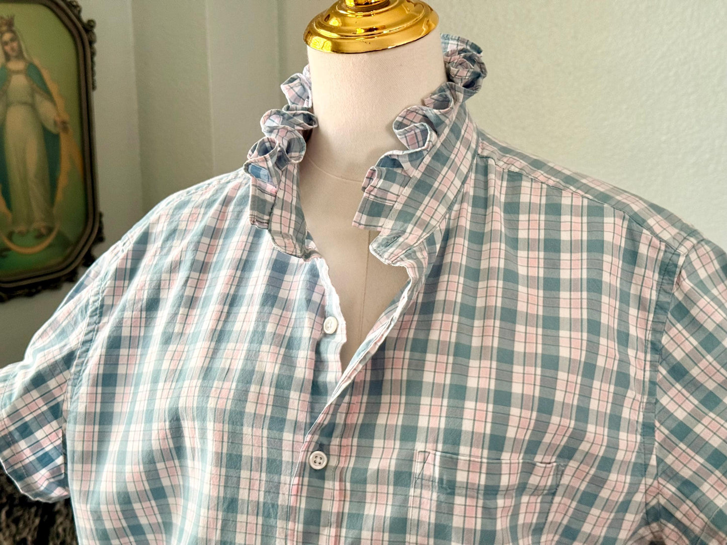 Reworked Plaid Cotton Shirt: Ruffled Collar, Short Sleeve, Upcycled Fashion
