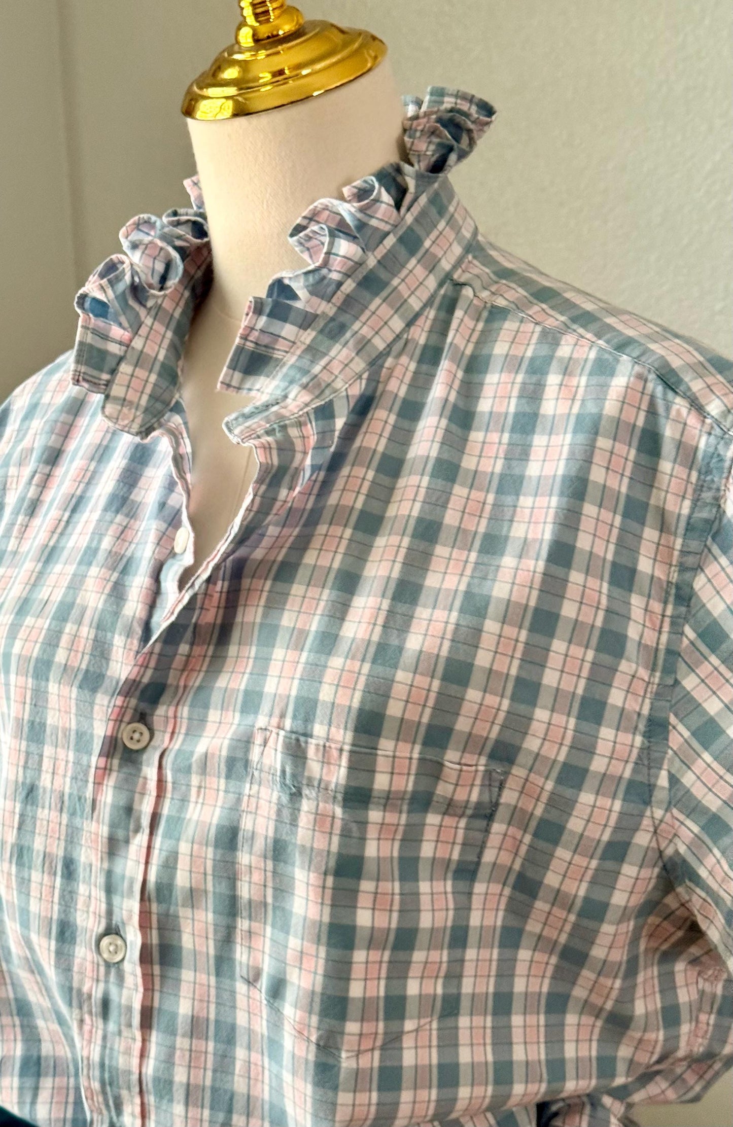 Reworked Plaid Cotton Shirt: Ruffled Collar, Short Sleeve, Upcycled Fashion