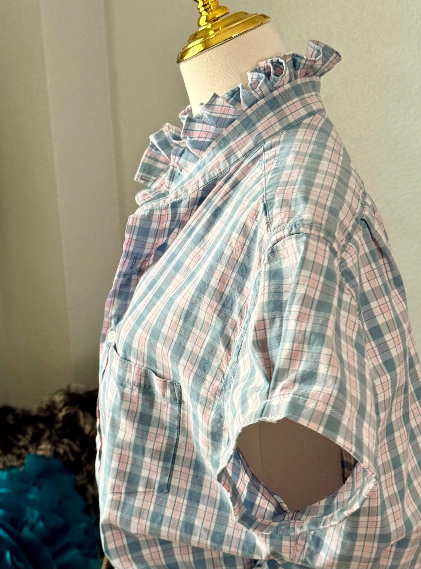 Reworked Plaid Cotton Shirt: Ruffled Collar, Short Sleeve, Upcycled Fashion