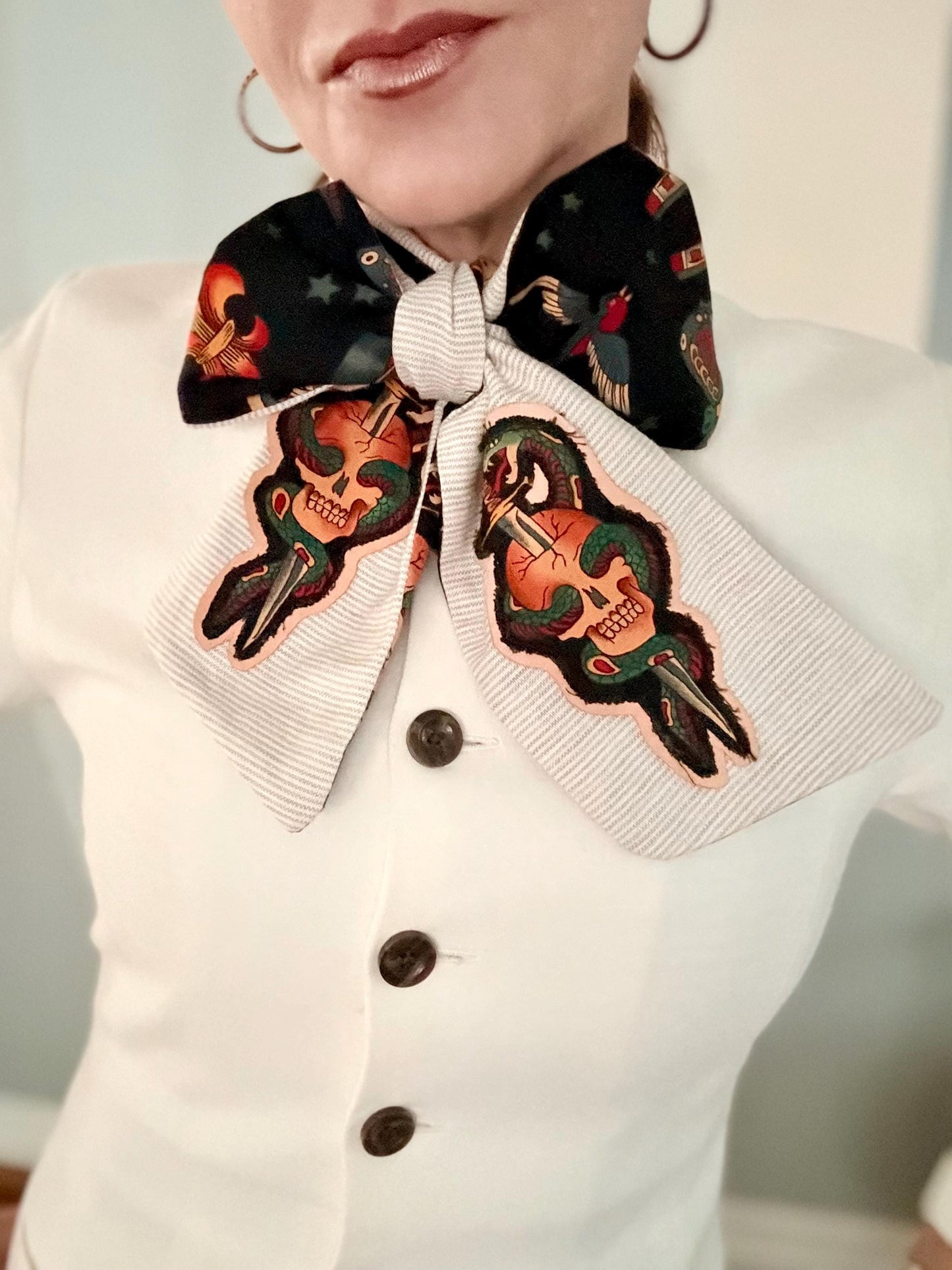 Handmade Linen Pinstripe Skinny Scarf: Alexander Henry Tattoo Fabric & Leather Appliqué