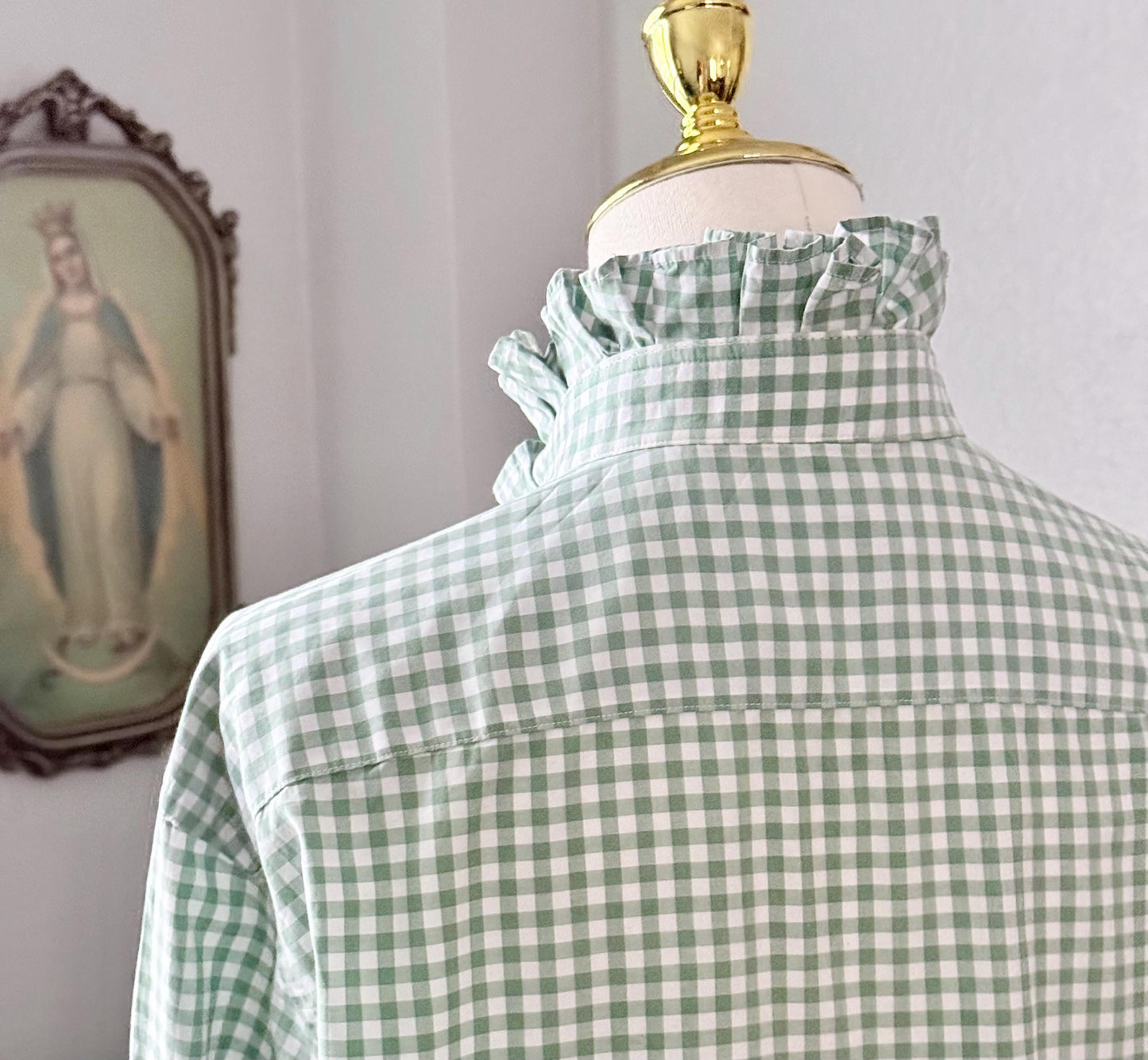 Ladies Sage Green Gingham Ruffle Collar Top | Reworked Handmade Shirt
