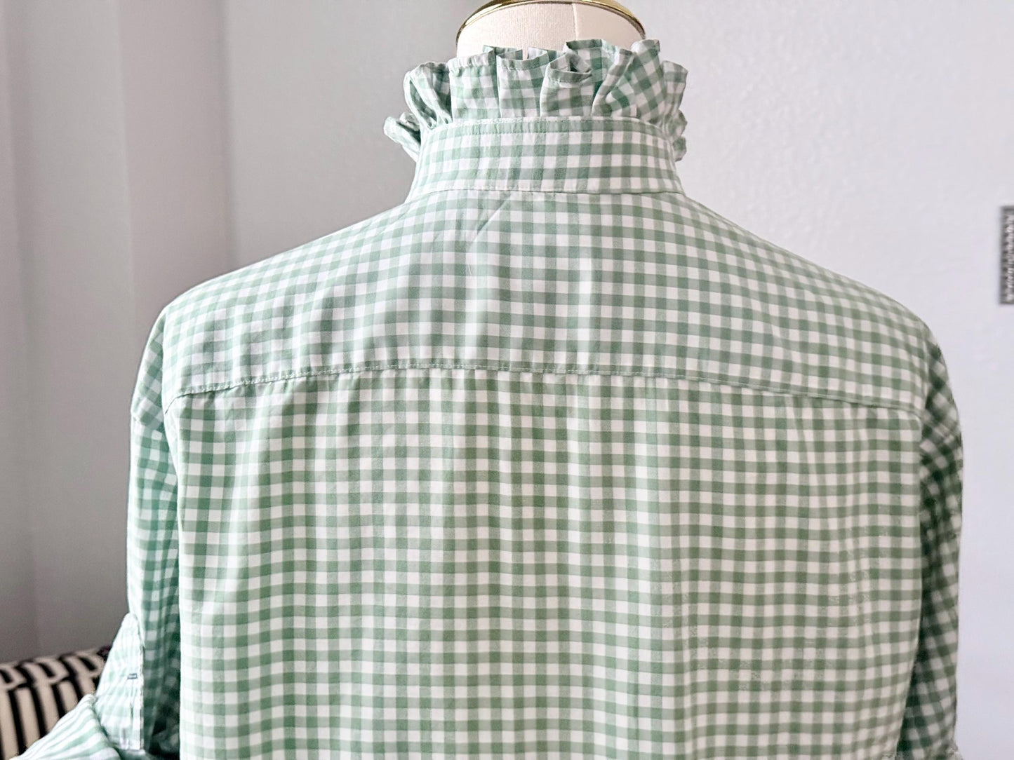 Ladies Sage Green Gingham Ruffle Collar Top | Reworked Handmade Shirt