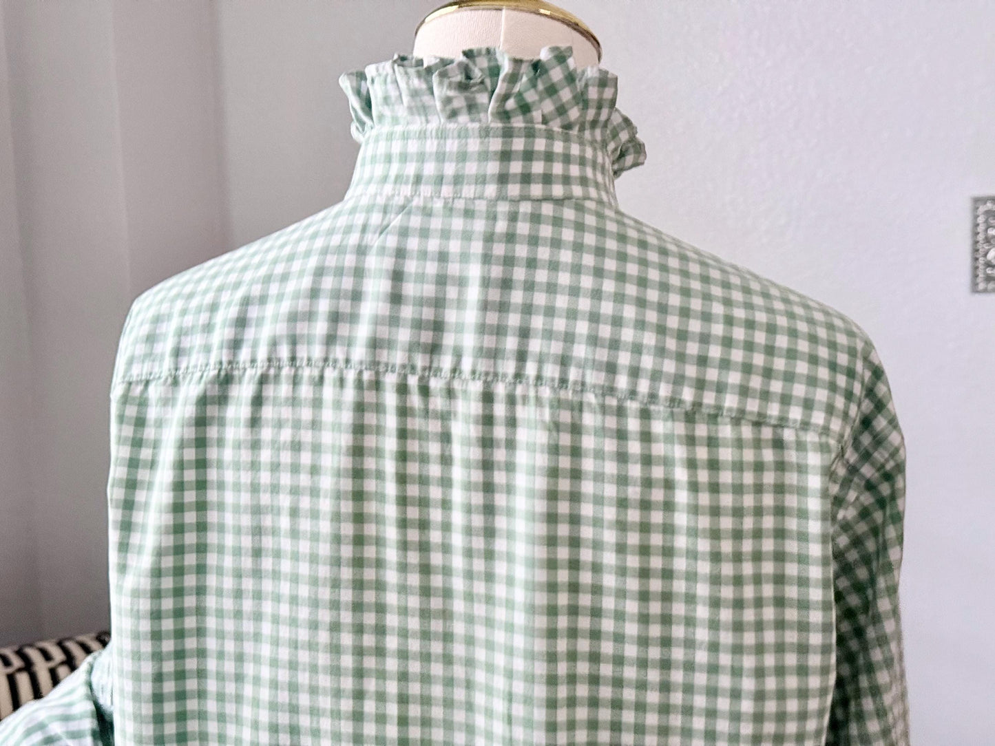 Ladies Sage Green Gingham Ruffle Collar Top | Reworked Handmade Shirt