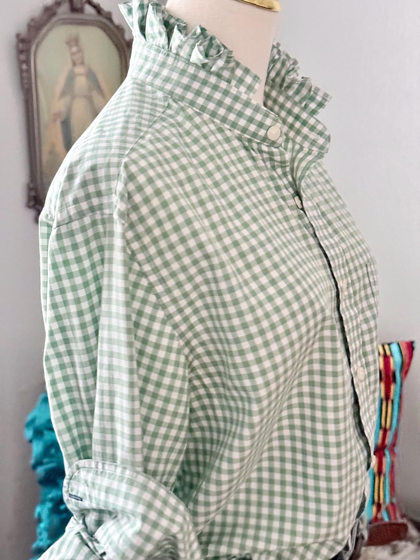 Ladies Sage Green Gingham Ruffle Collar Top | Reworked Handmade Shirt