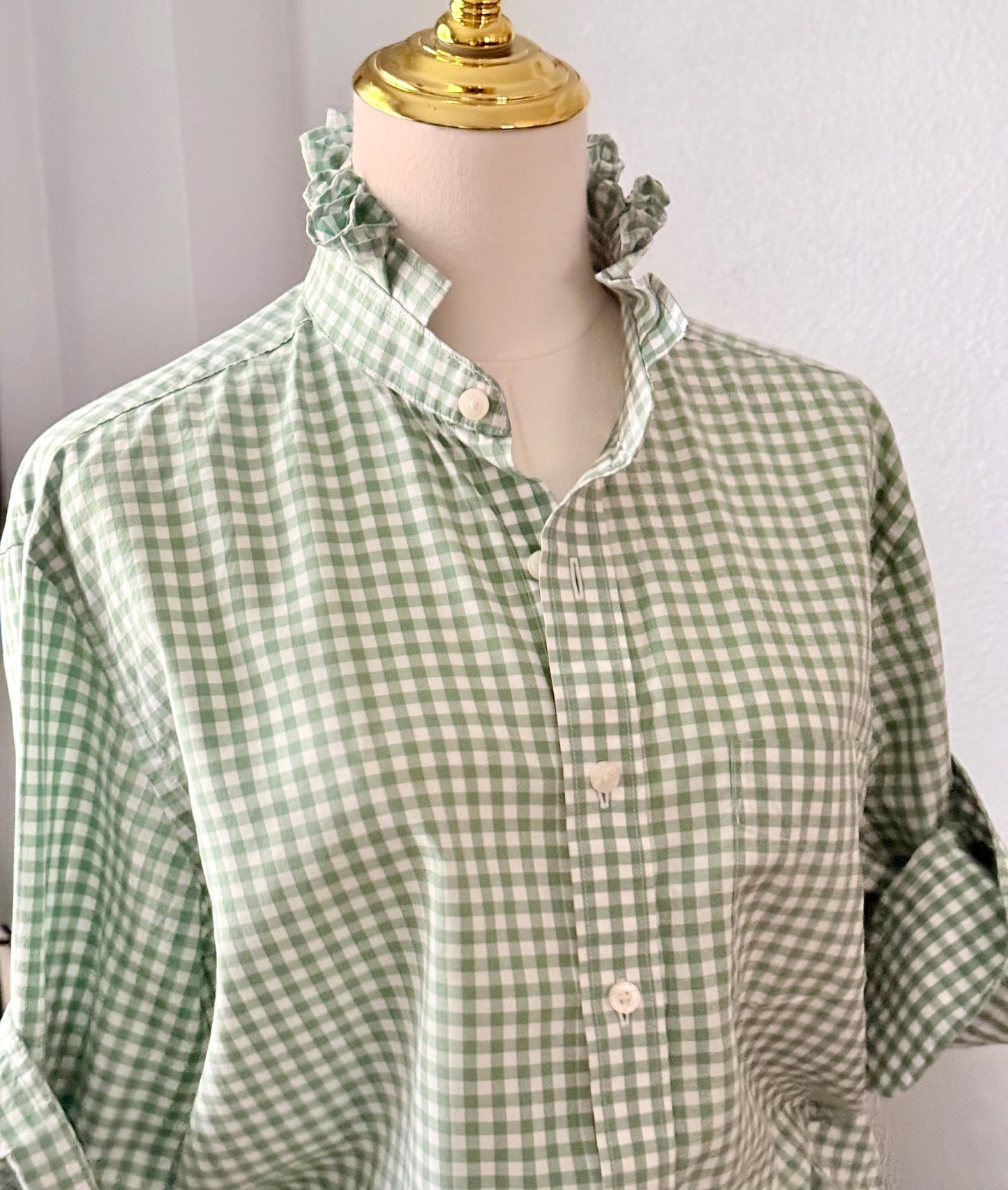 Ladies Sage Green Gingham Ruffle Collar Top | Reworked Handmade Shirt