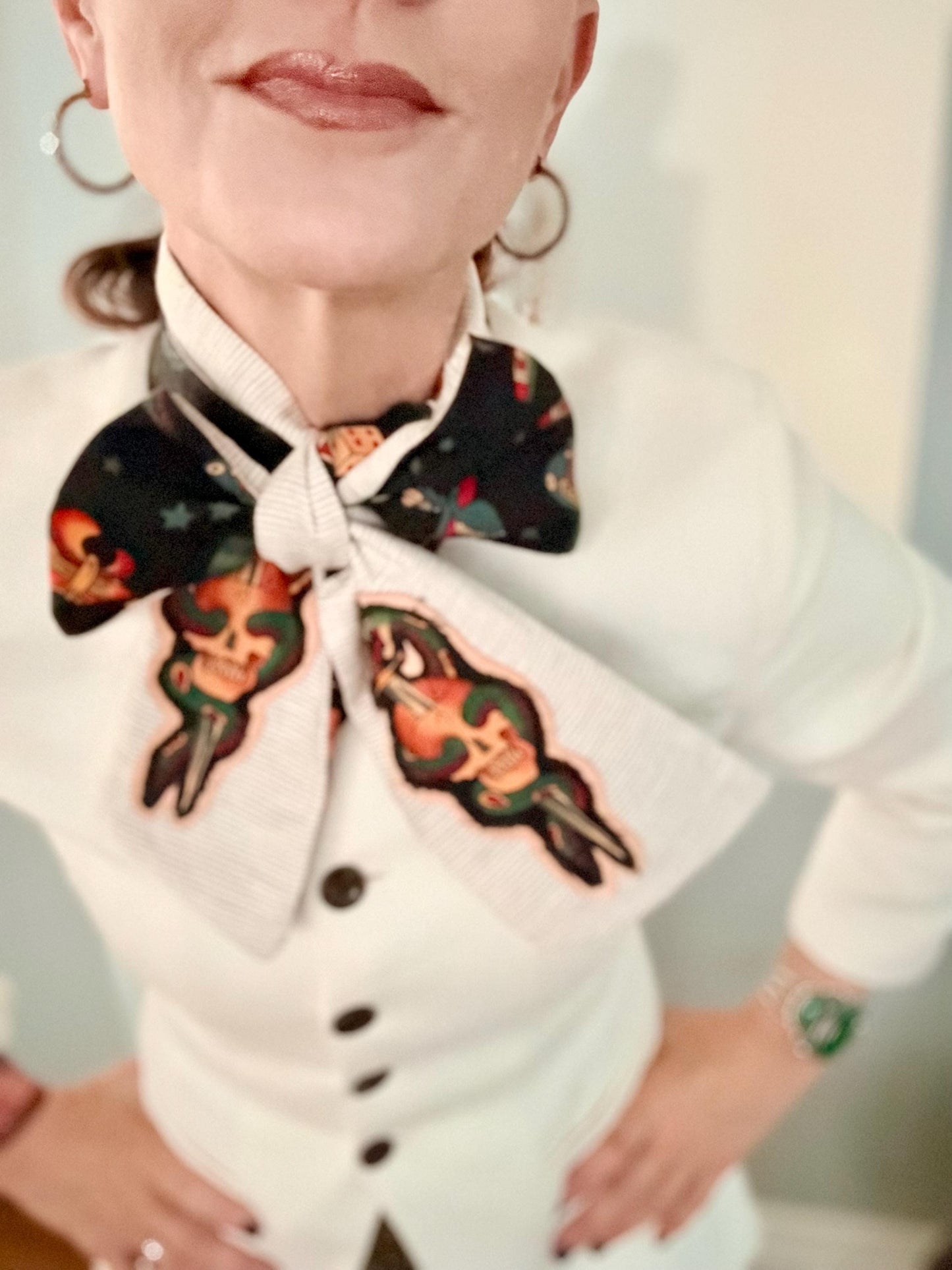 Handmade Linen Pinstripe Skinny Scarf: Alexander Henry Tattoo Fabric & Leather Appliqué