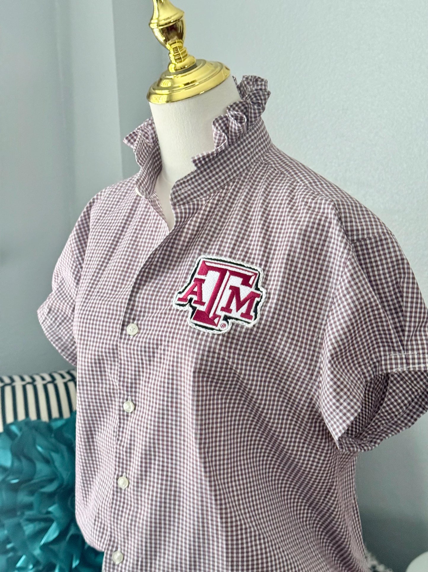 Reworked  TAMU Button-Down Shirt: Maroon and White Ruffle Collar, Pinned Short Sleeve